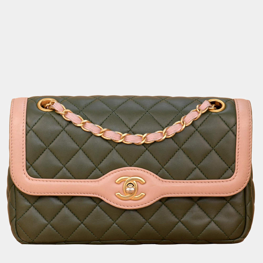 Chanel Pink/Green Quilted Lambskin Leather Two Tone Single Flap Bag  Shoulder Bag