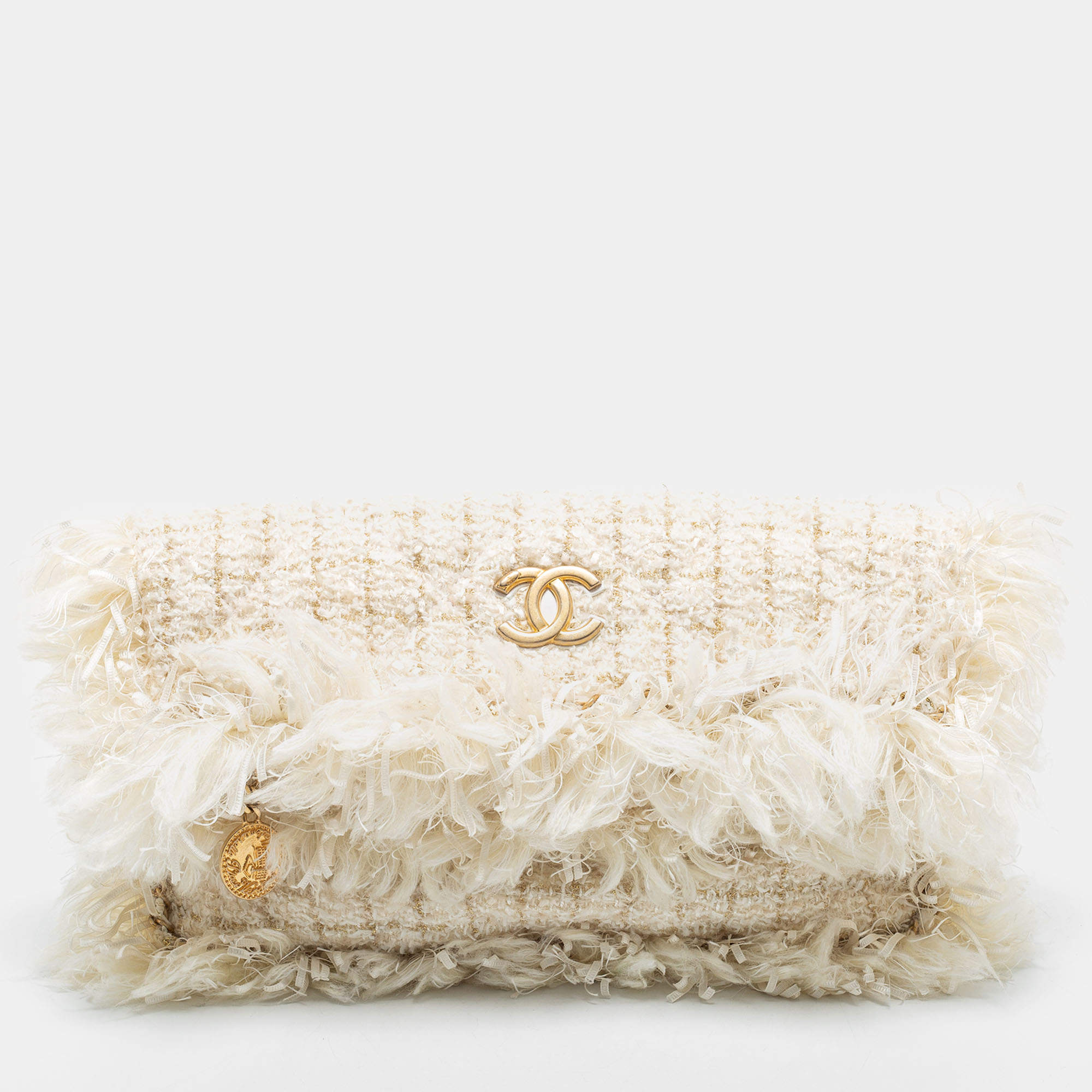 Chanel Cream Quilted Tweed Fringe Fold Over Clutch