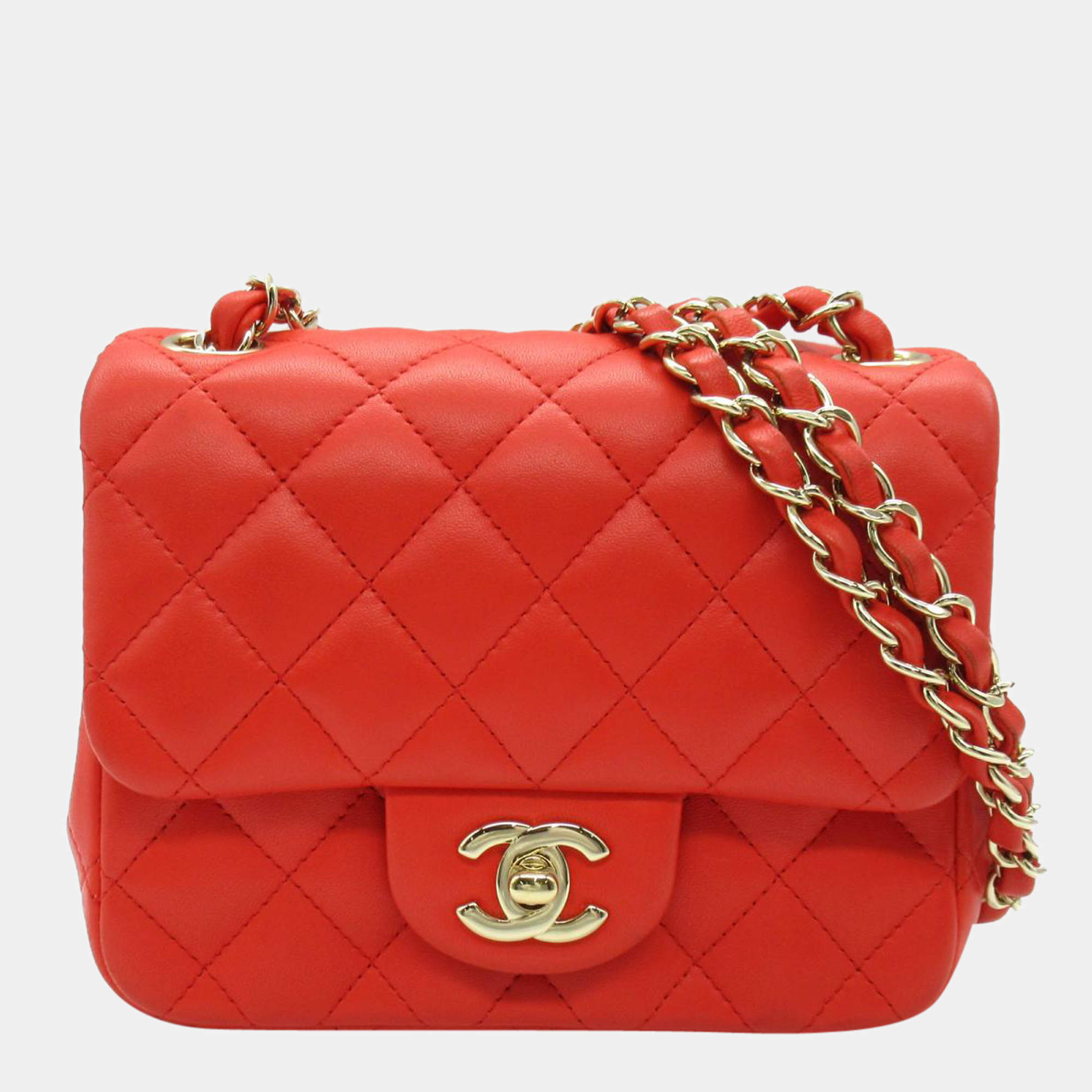 Pre Owned Chanel Red Mini Square Classic Single Flap Bag