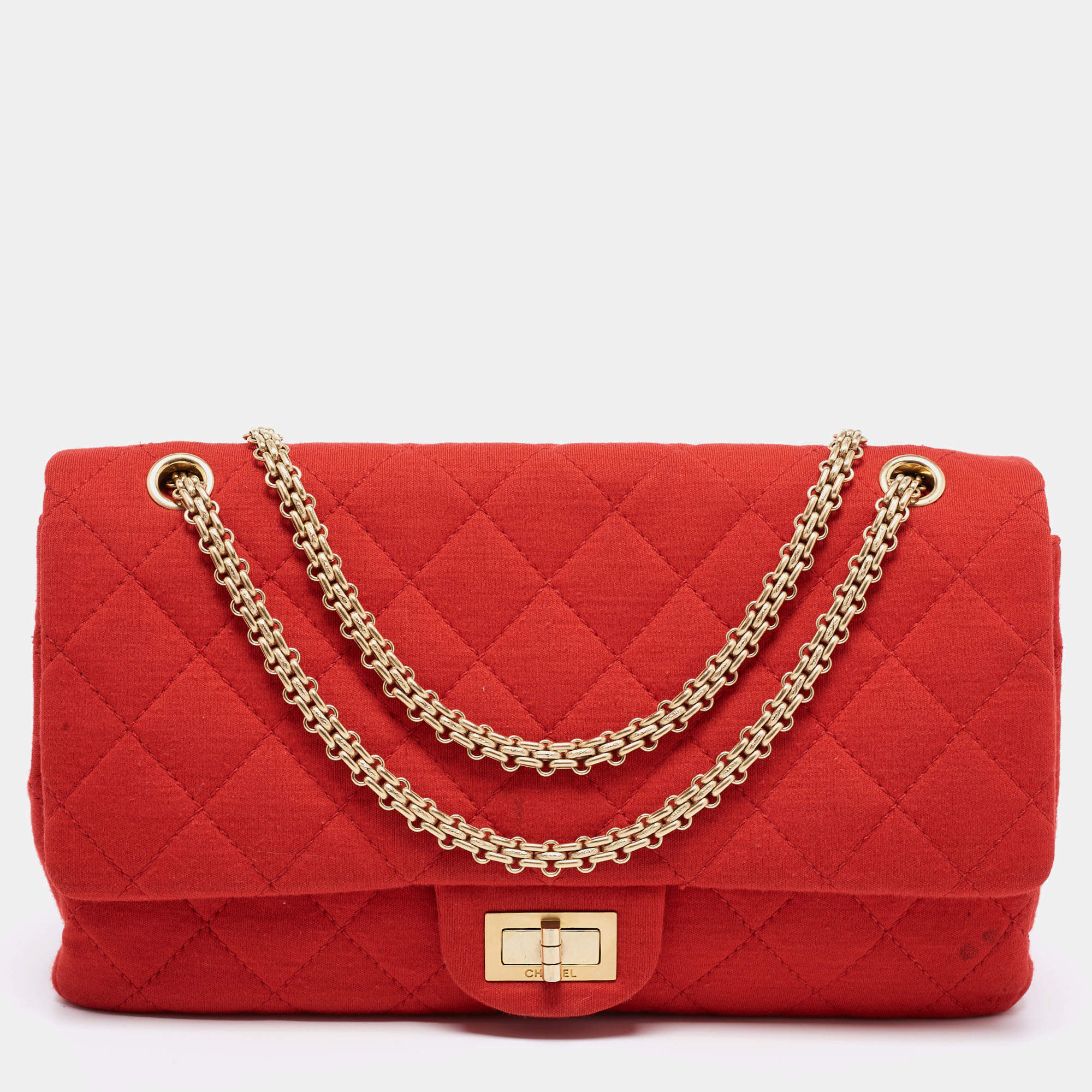 Pre Owned Chanel Red Quilted Jersey Reissue 2.55 Classic 227 Flap Bag
