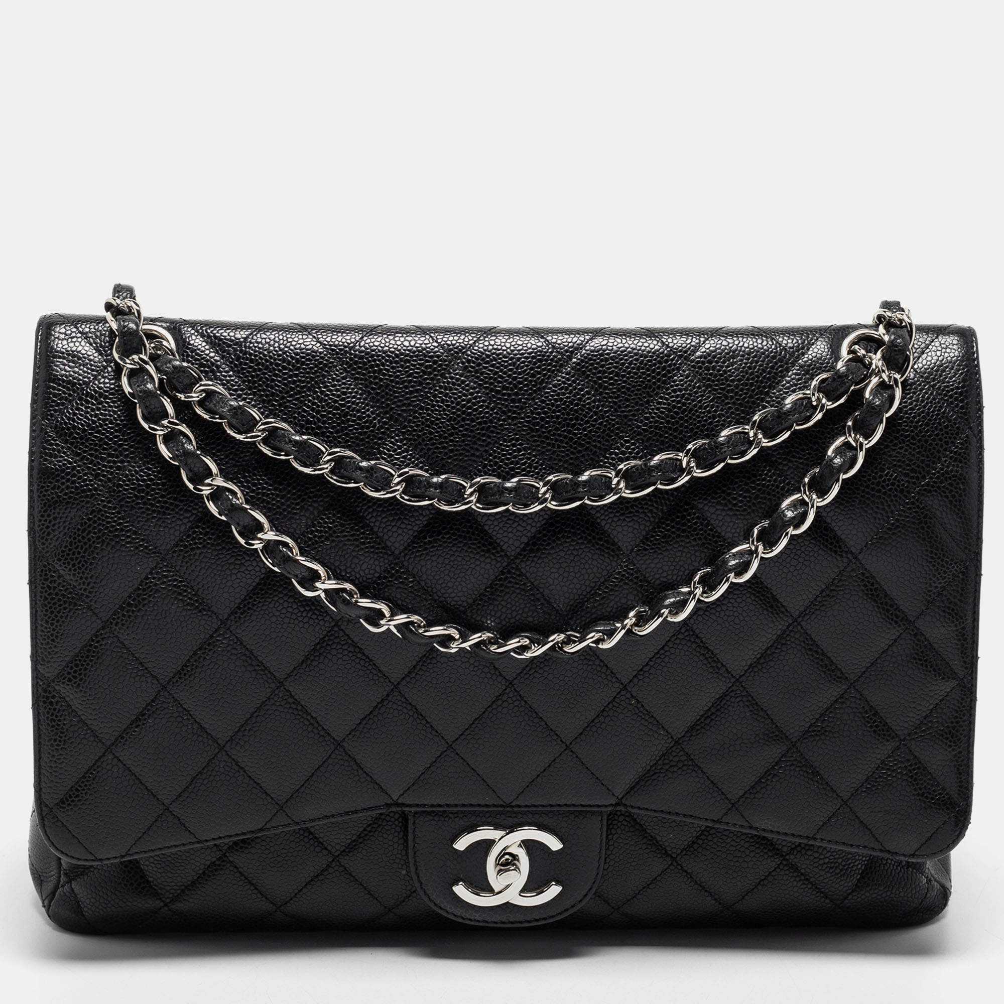 Pre Owned Chanel Black Quilted Caviar Leather Maxi Classic Double Flap Bag