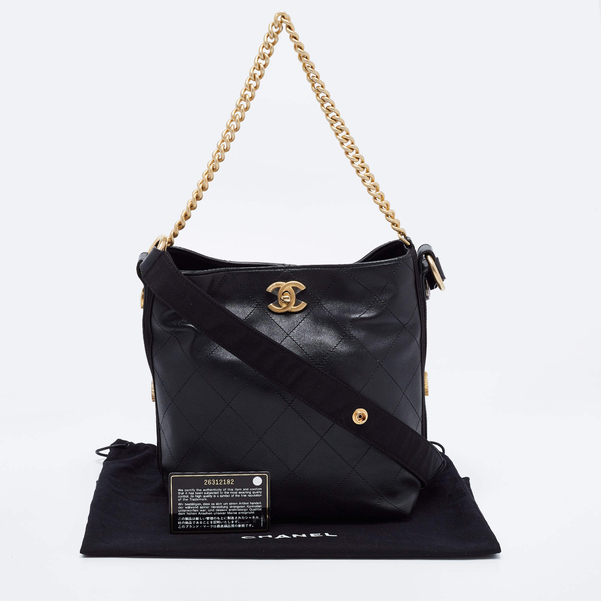 Chanel Black Quilt Stitched Leather Button Up Hobo Chanel
