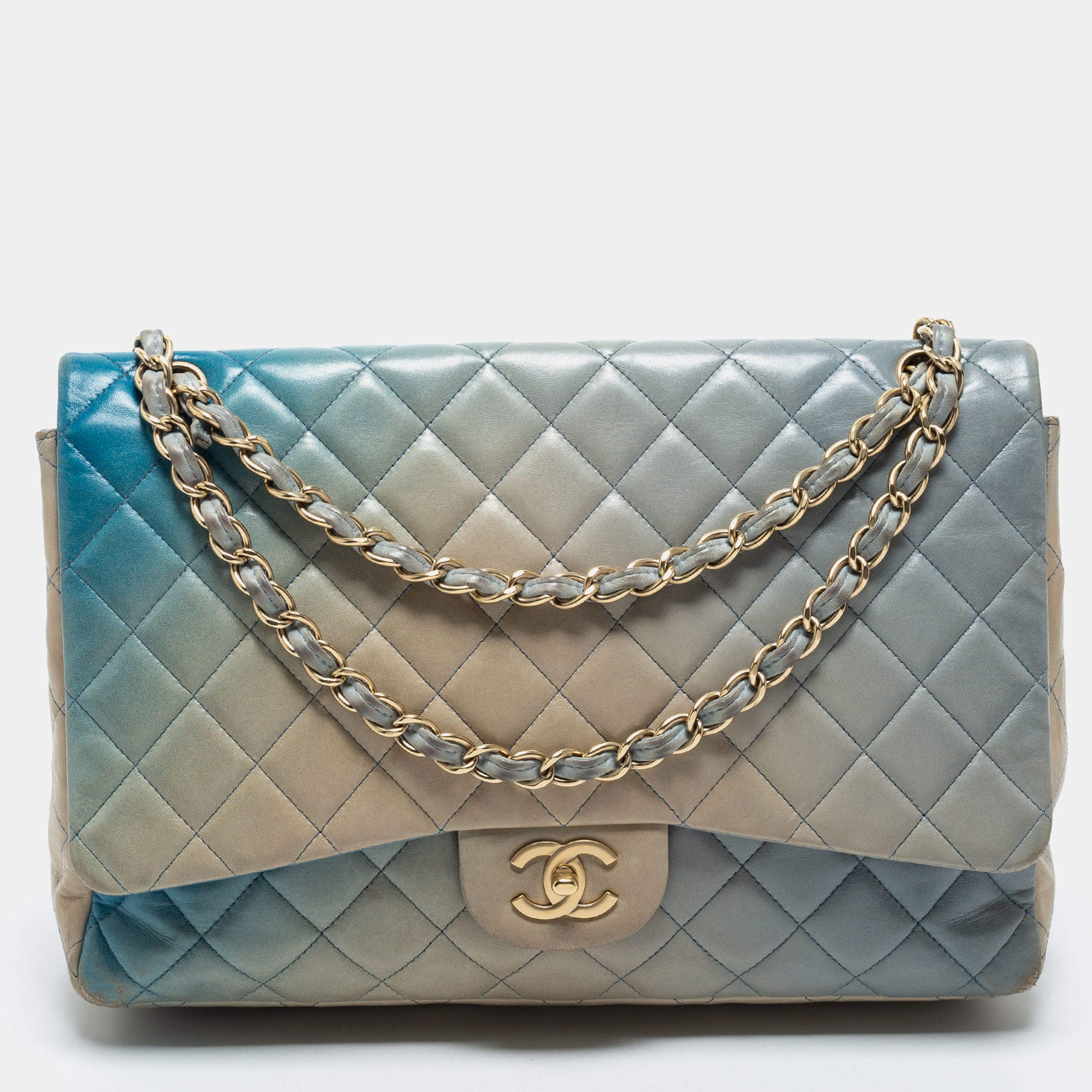 Pre Owned Chanel Ombre Blue Quilted Leather Maxi Classic Single Flap Shoulder Bag