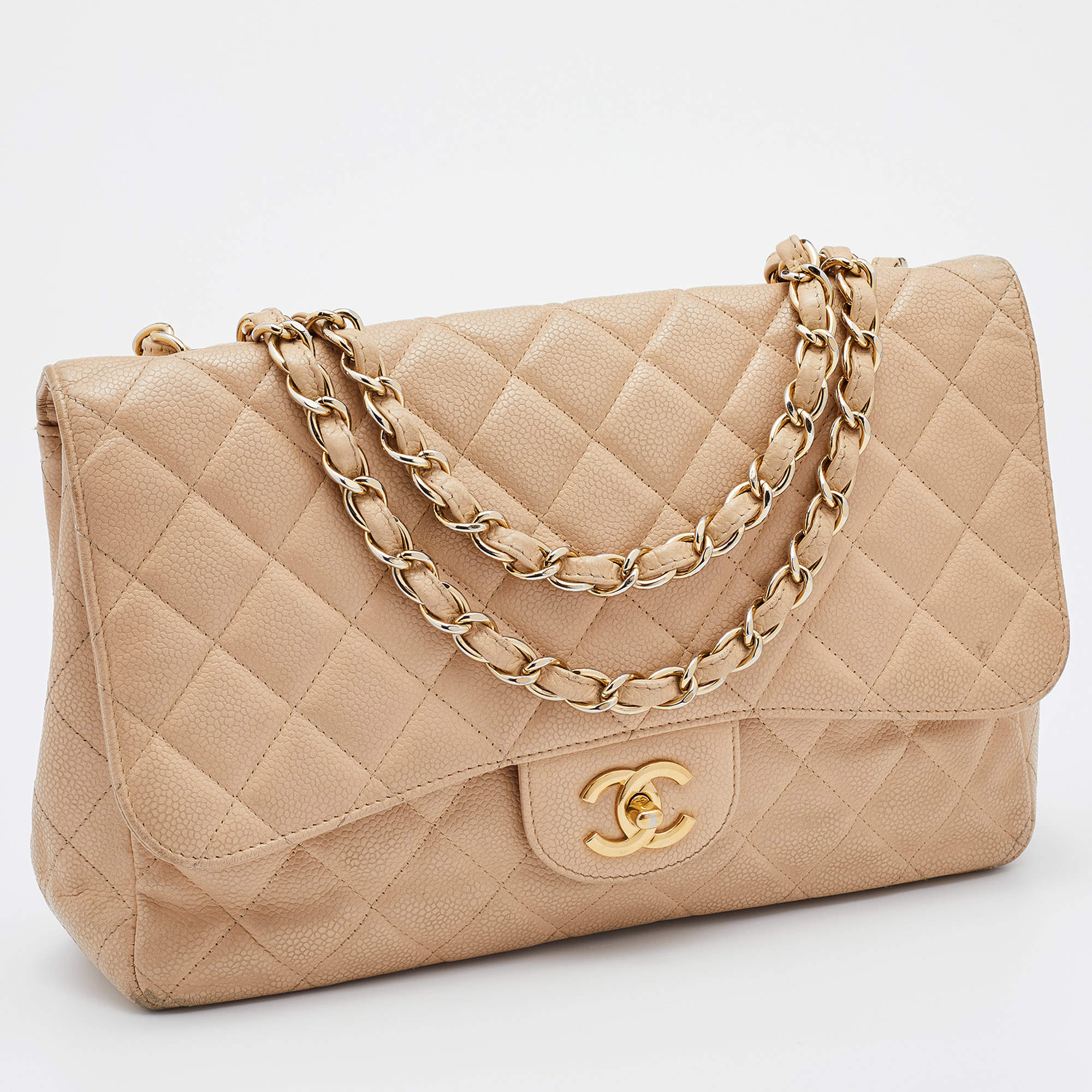 Chanel Beige Quilted Caviar Leather Jumbo Classic Flap Bag Chanel