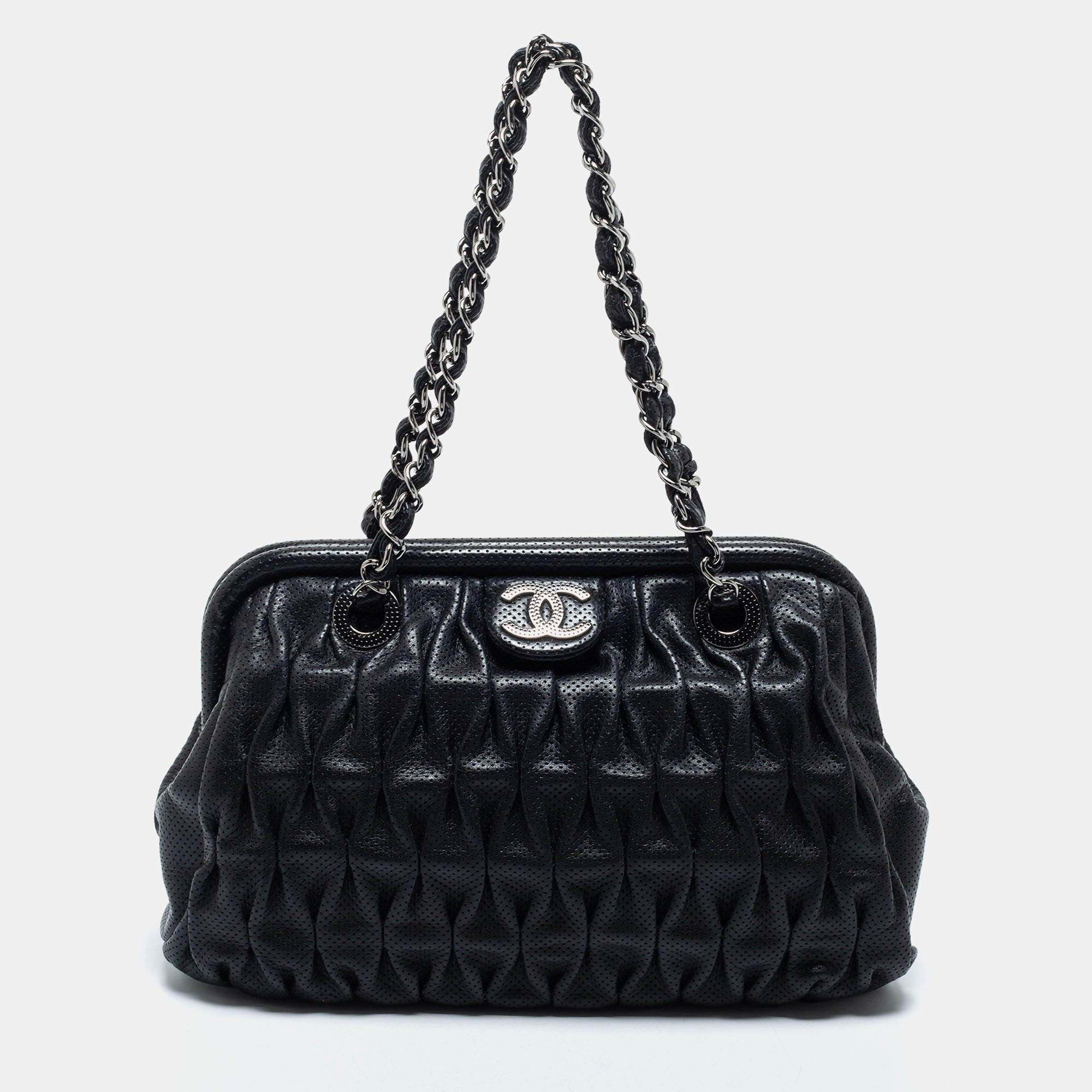Pre Owned Chanel Black Perforated Pleated Leather CC Frame Satchel