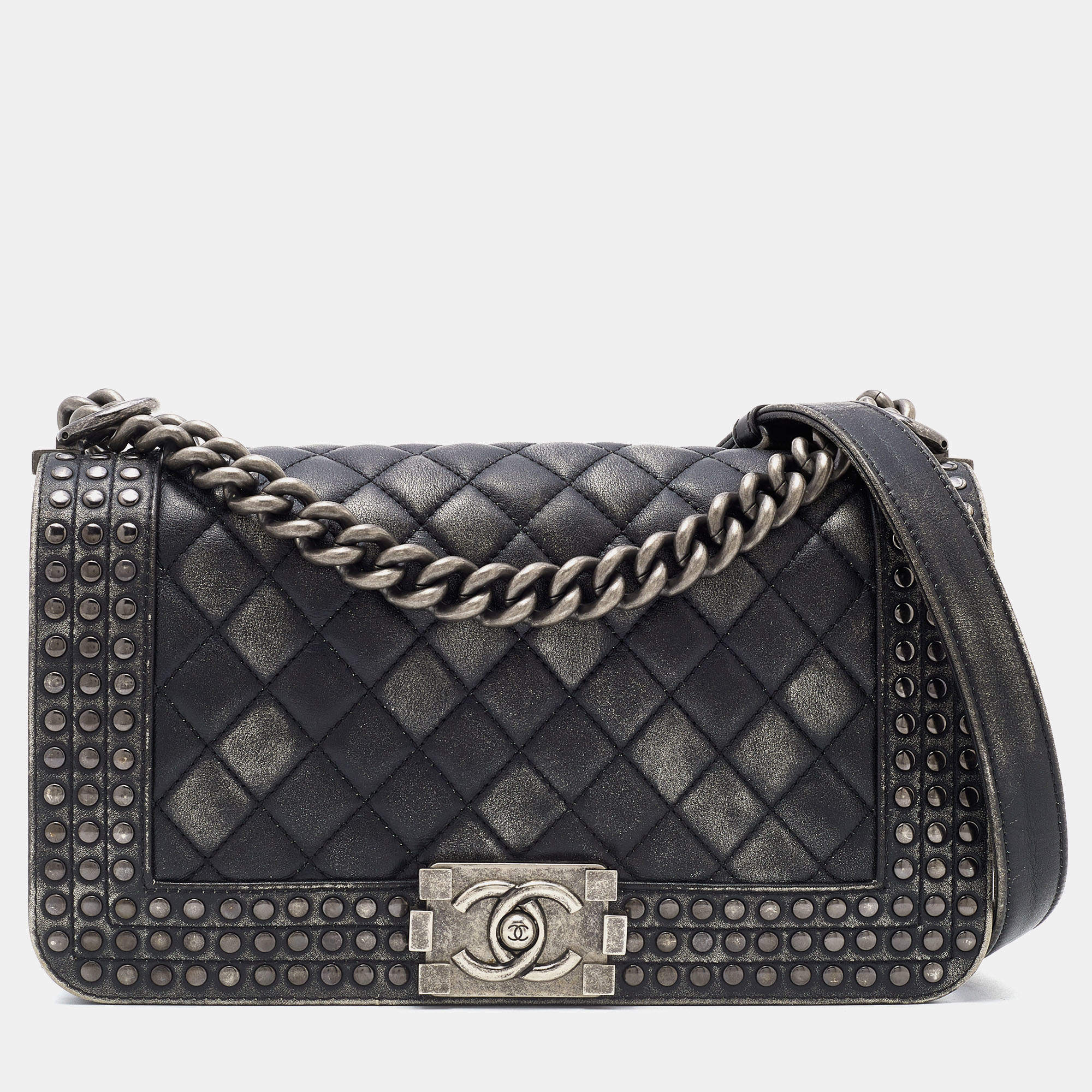 Pre Owned Chanel Black/Grey Quilted Leather Medium Studded Boy Bag