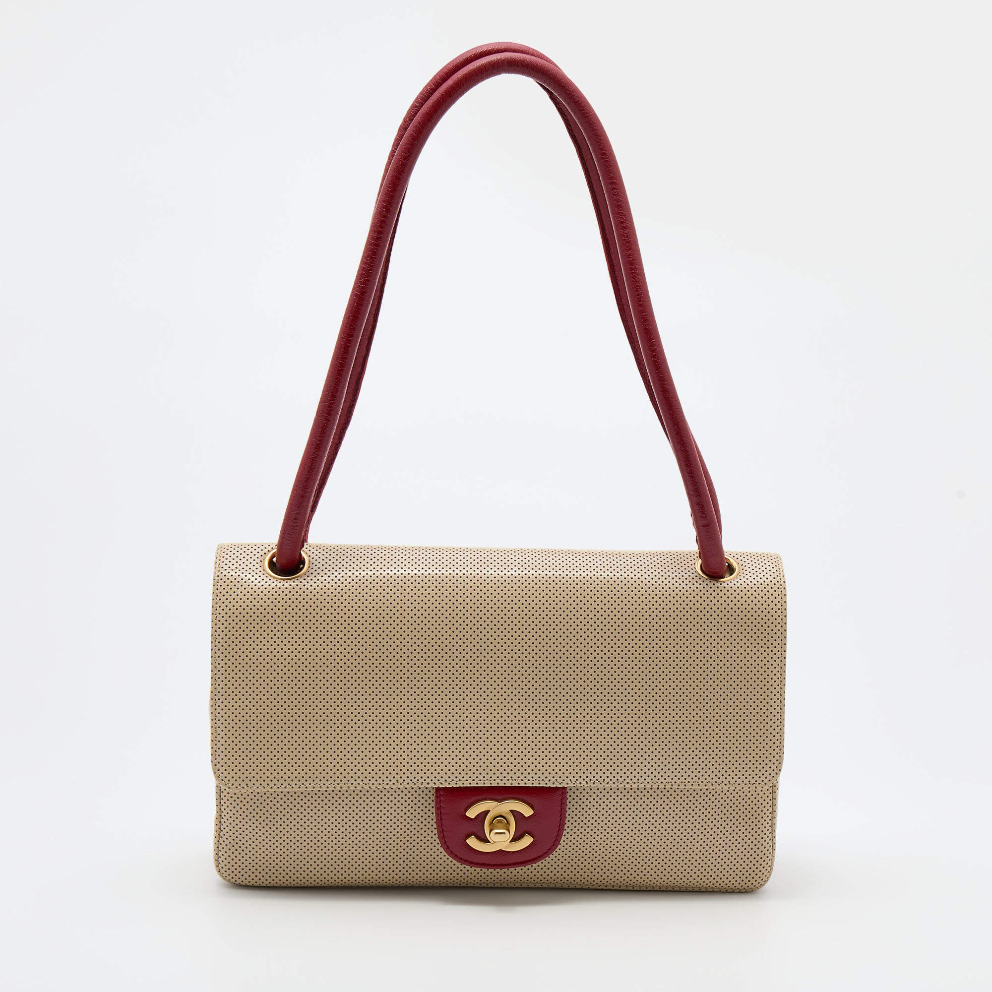 Pre Owned Chanel Beige Perforated Leather Vintage Flap Bag