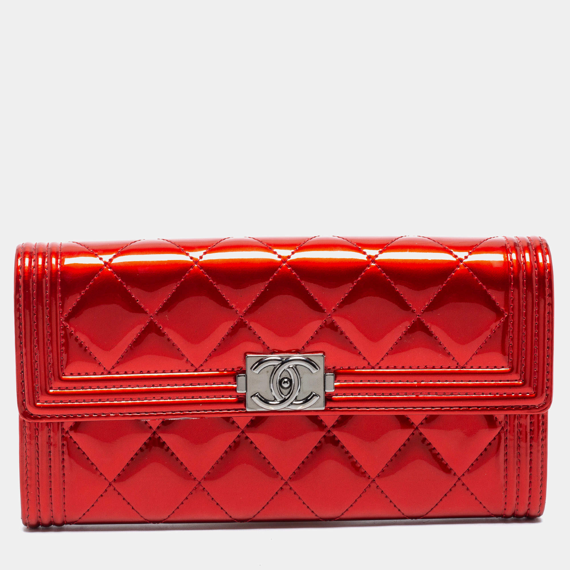 Chanel Red Patent Leather Single Flap Boy Continental Wallet