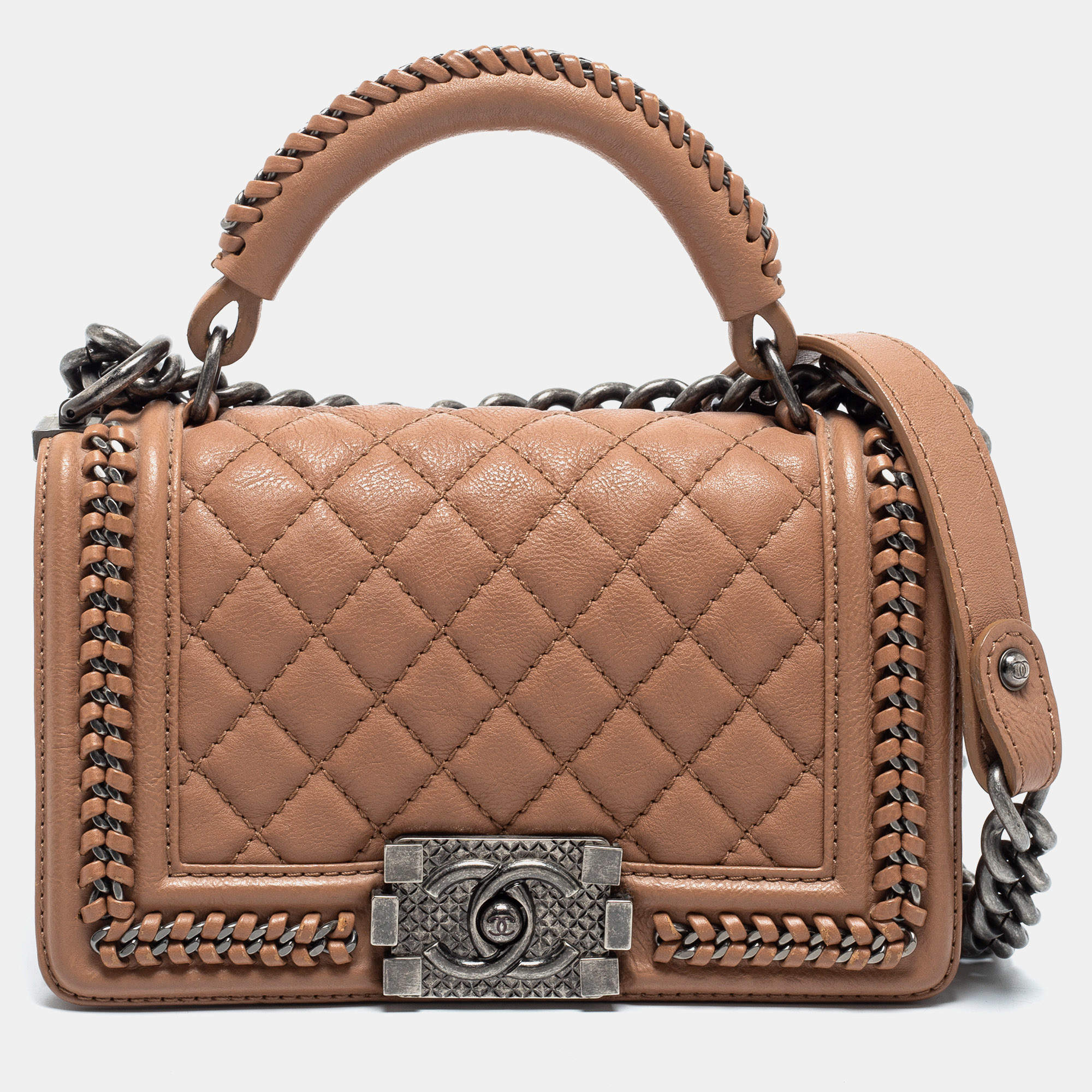 Pre Owned Chanel Beige Quilted Leather Small Boy Top Handle Bag