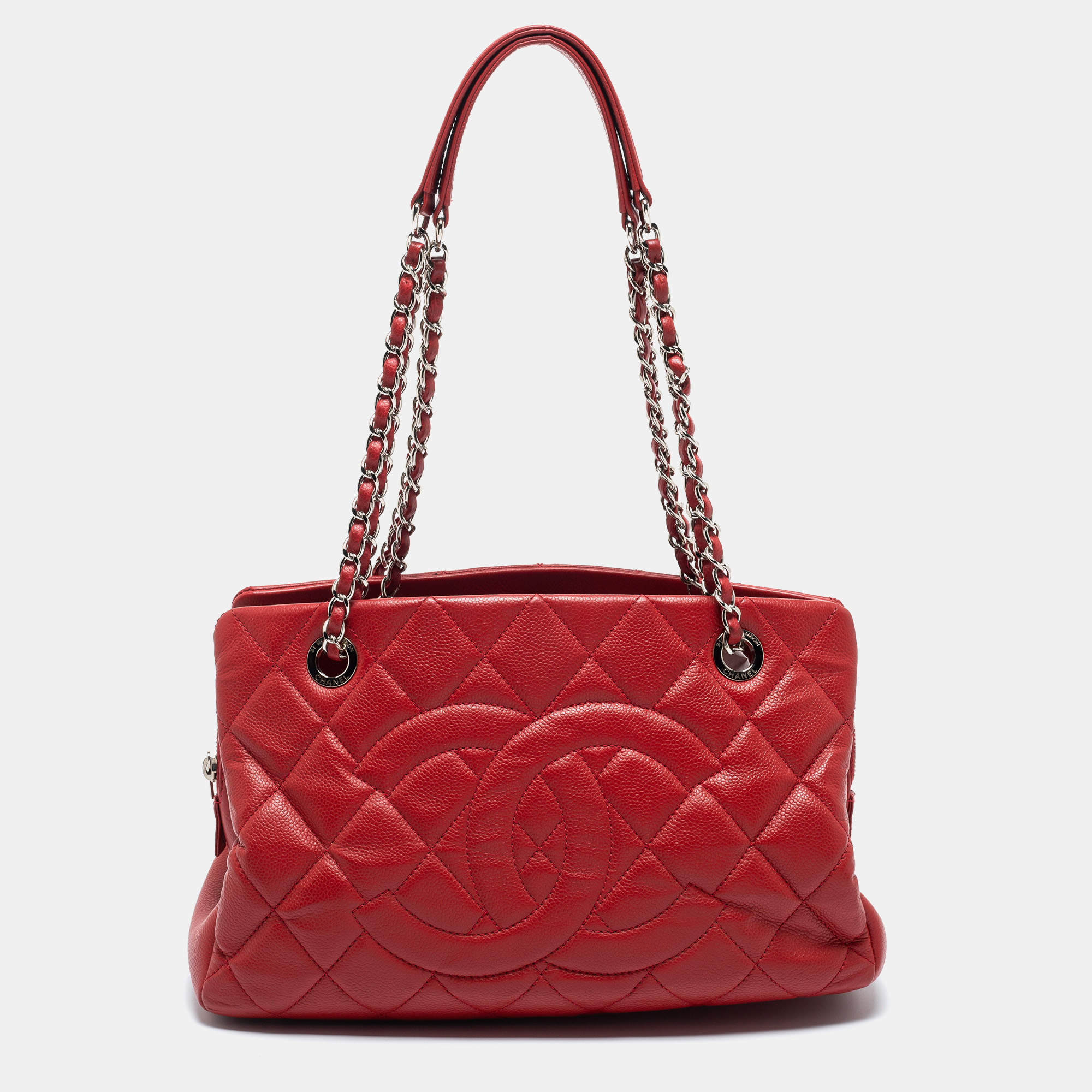 Pre Owned Chanel Red Quilted Caviar Leather CC Timeless Tote
