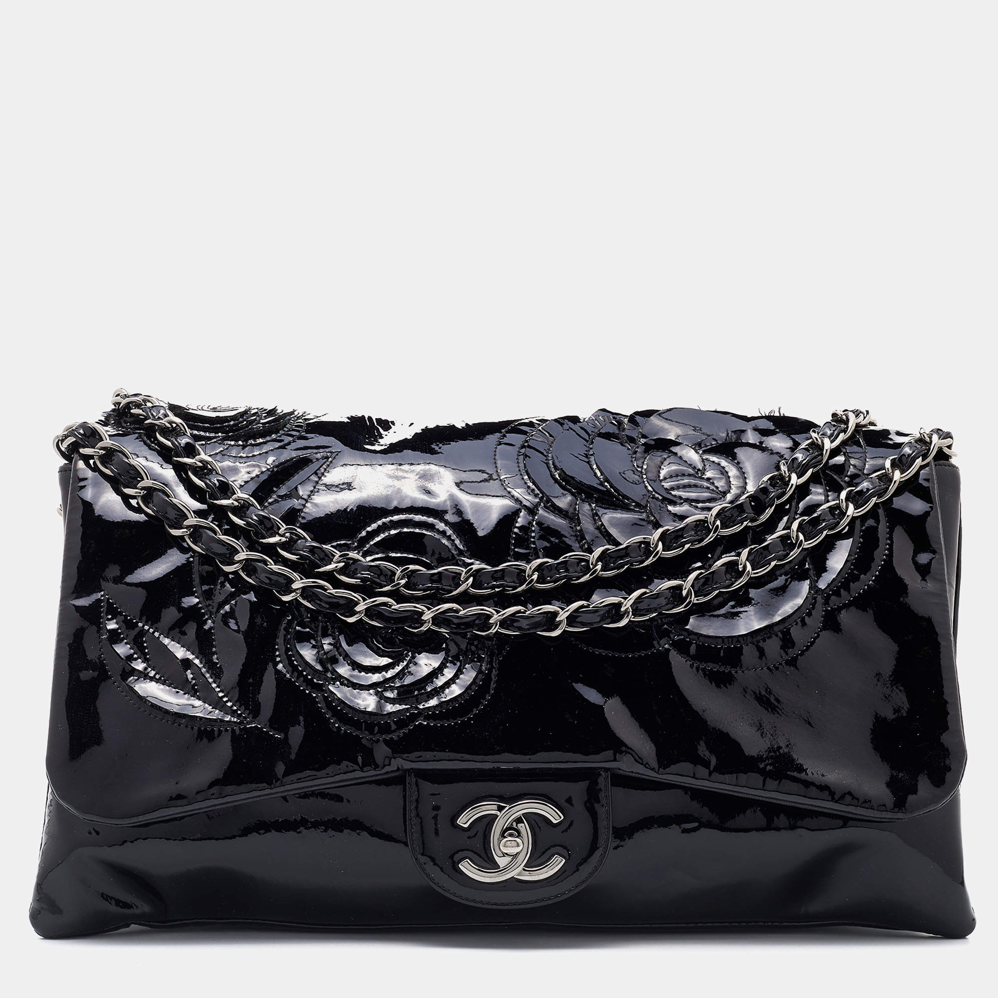 Pre Owned Chanel Black Patent Leather Paris Shanghai Camellia Flap Bag