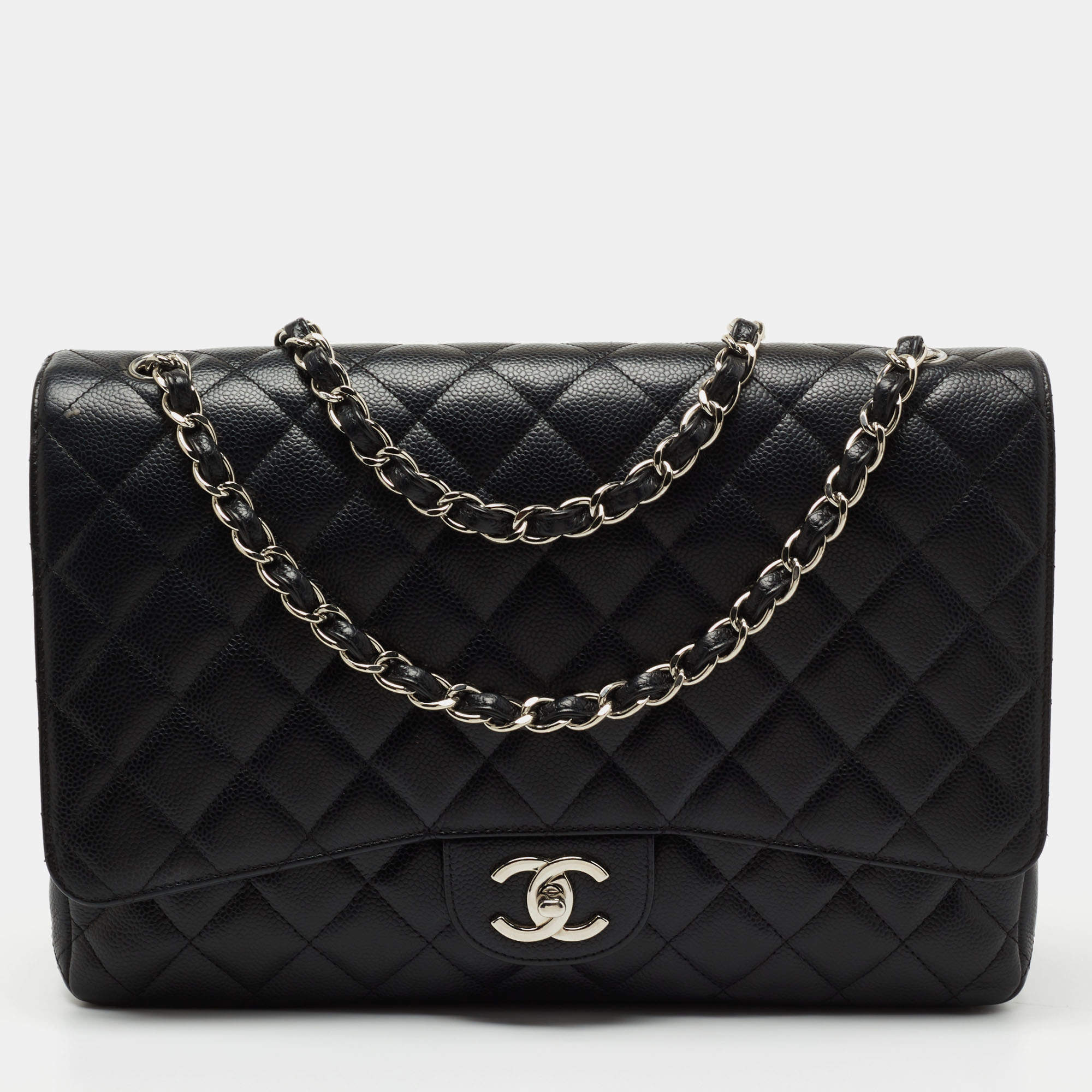 Pre Owned Chanel Black Quilted Caviar Leather Maxi Classic Double Flap Bag