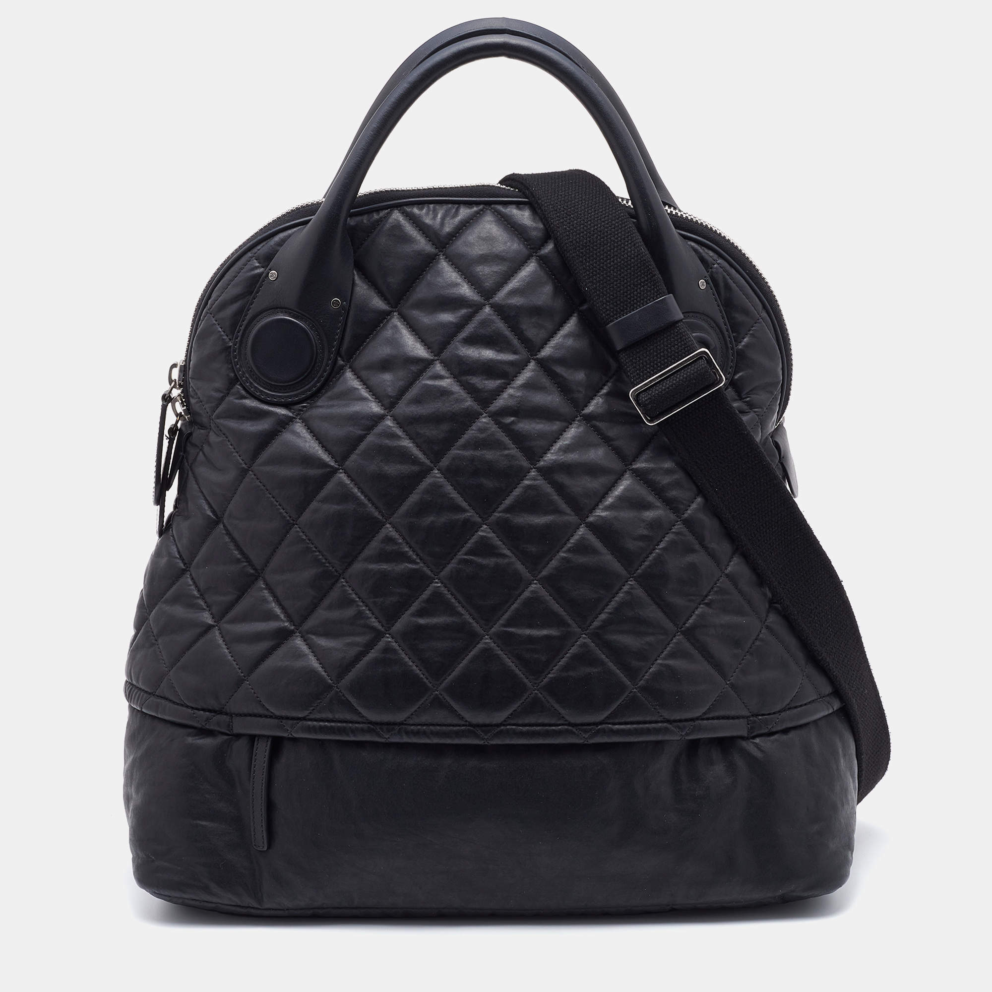 Pre Owned Chanel Black Quilted Coated Canvas Vertical Sport Weekender Bag 