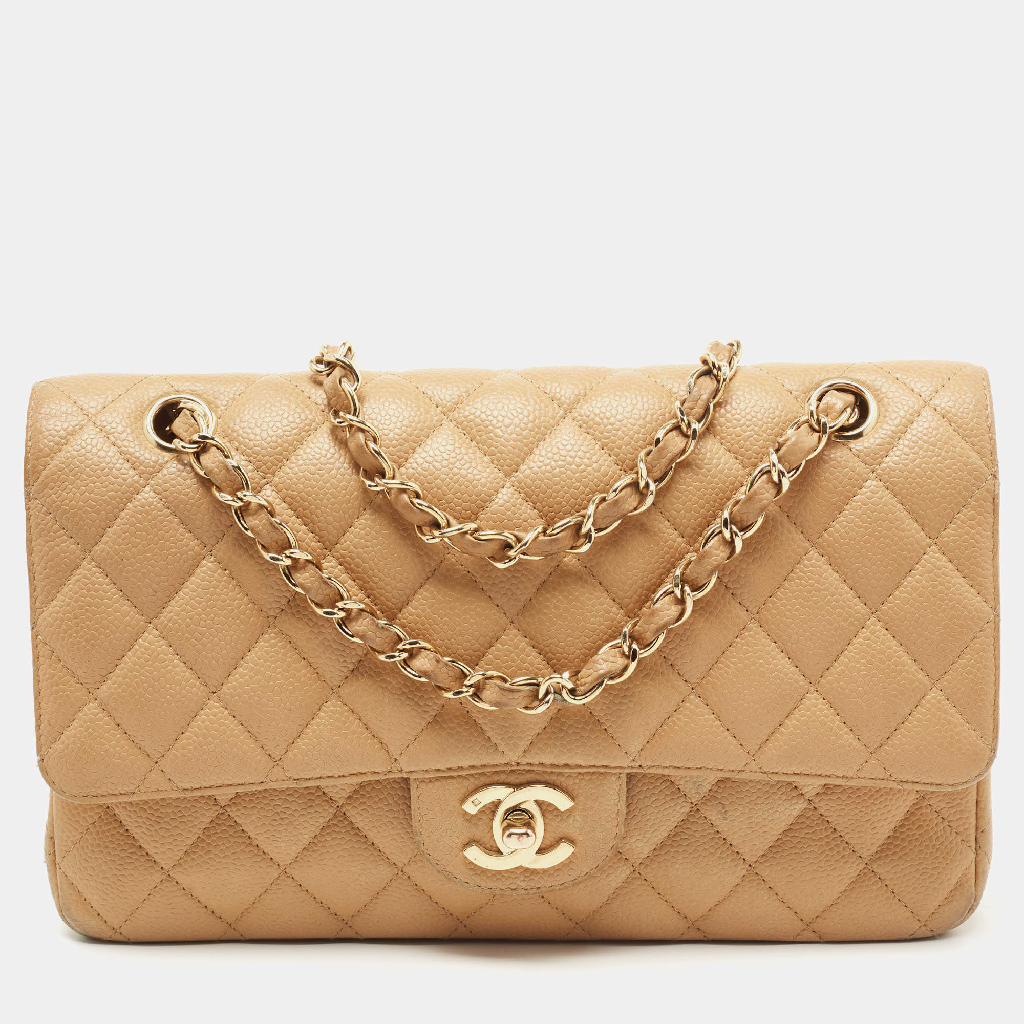 Pre Owned Chanel Beige Quilted Caviar Leather Medium Classic Double Flap Bag