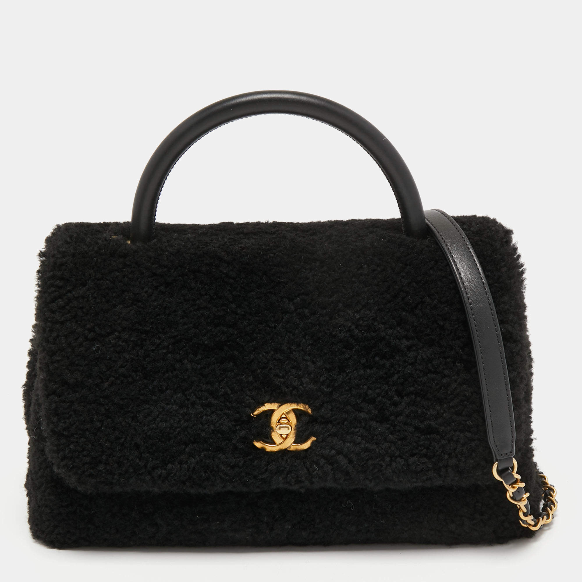Pre Owned Chanel Black Shearling Fur Coco Handle Flap Bag