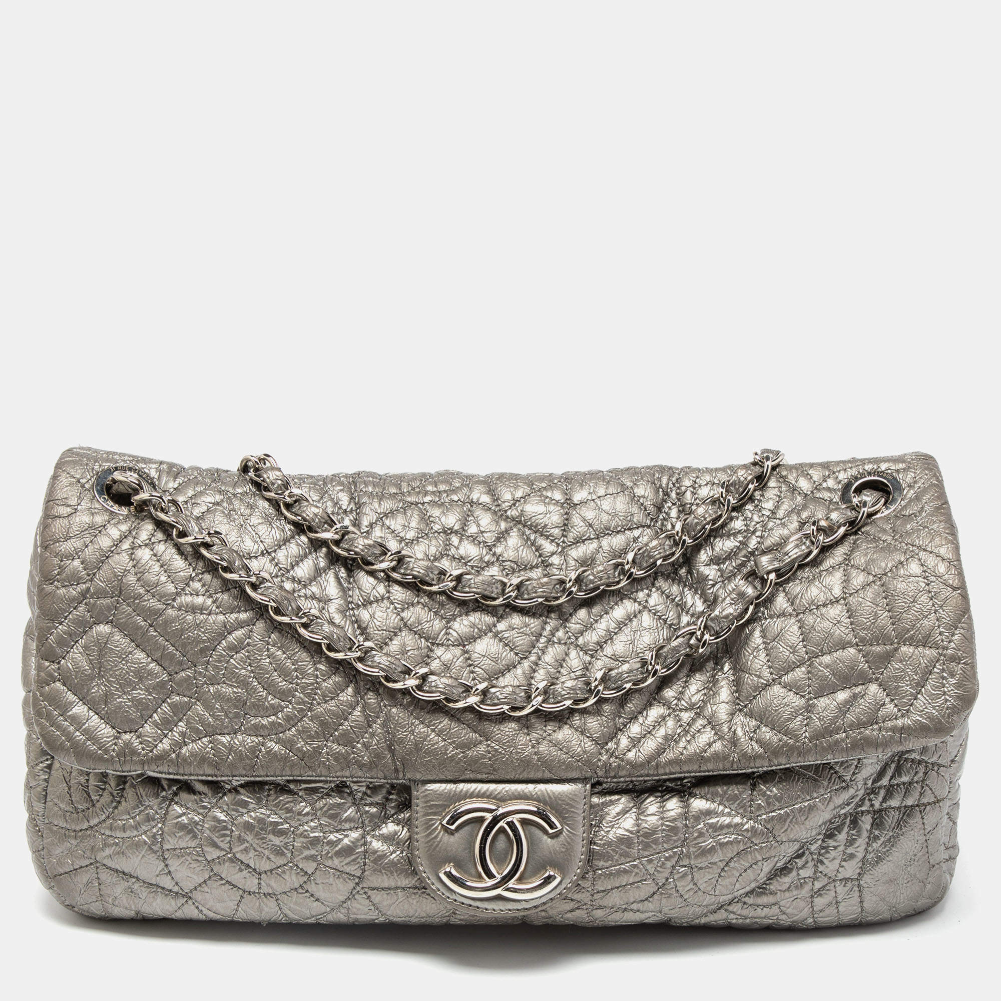 Pre Owned Chanel Grey Leather Camelia Chain Bag