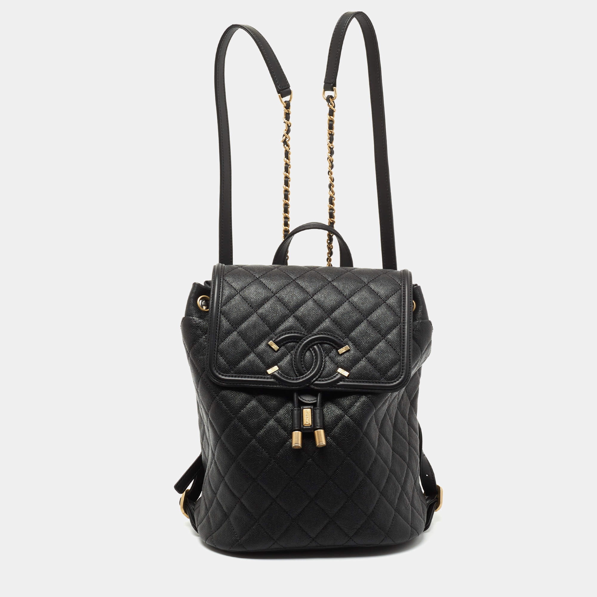 Chanel Black Quilted Caviar Leather Filigree Backpack Chanel