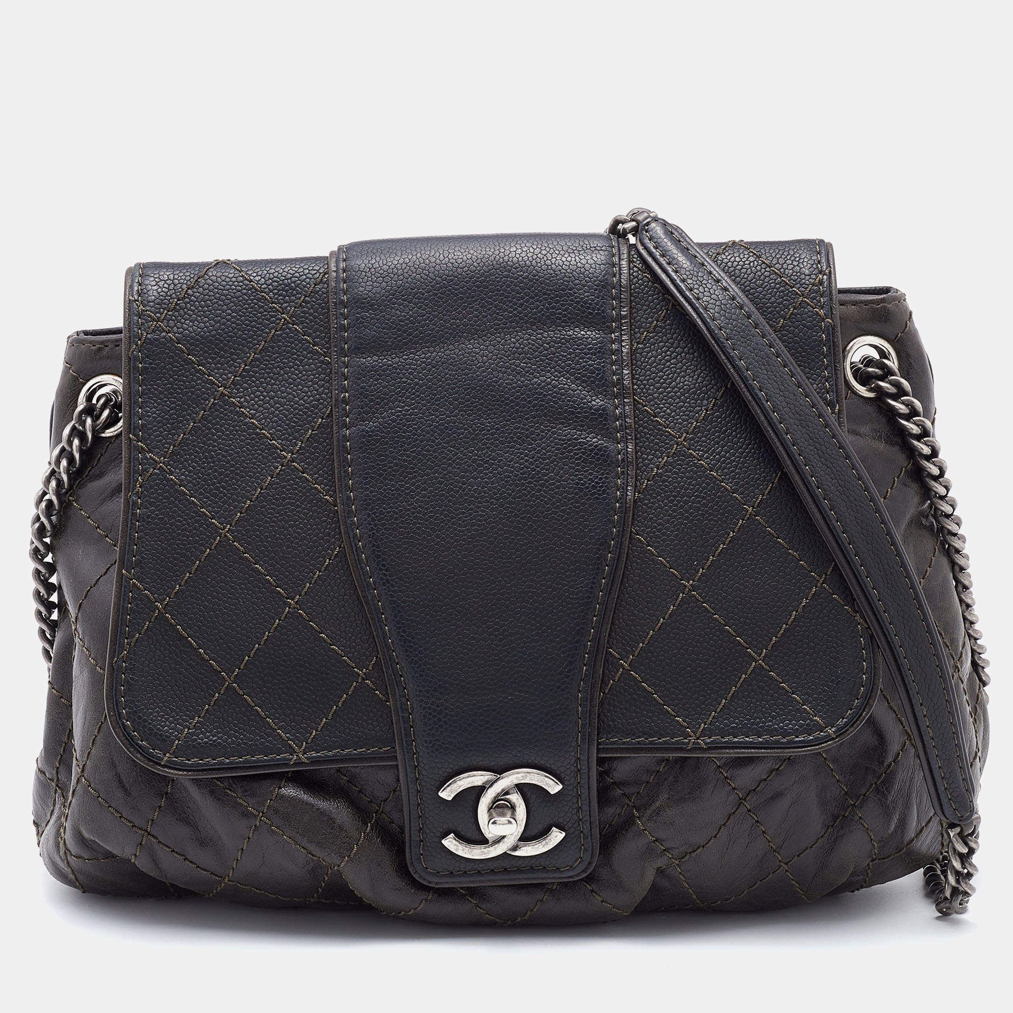 Pre Owned Chanel Dark Grey Quilted Leather Whipstitch Flap Bag