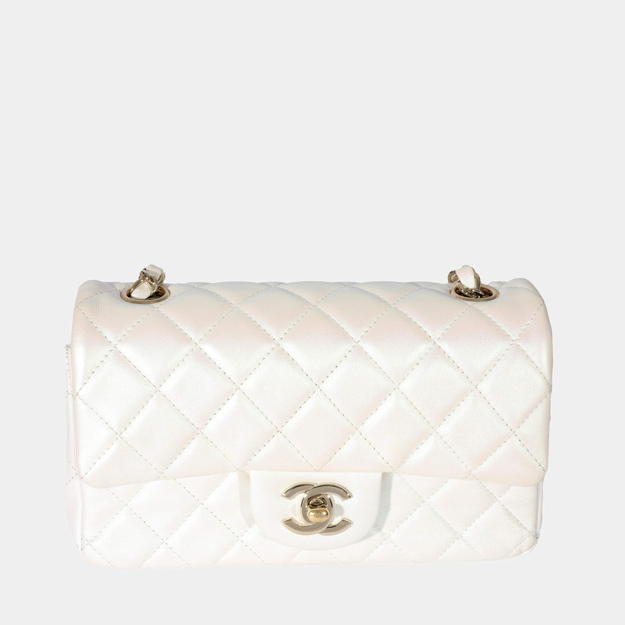 Pre Owned Chanel White Iridescent Lambskin Mini Rectangular Flap Bag