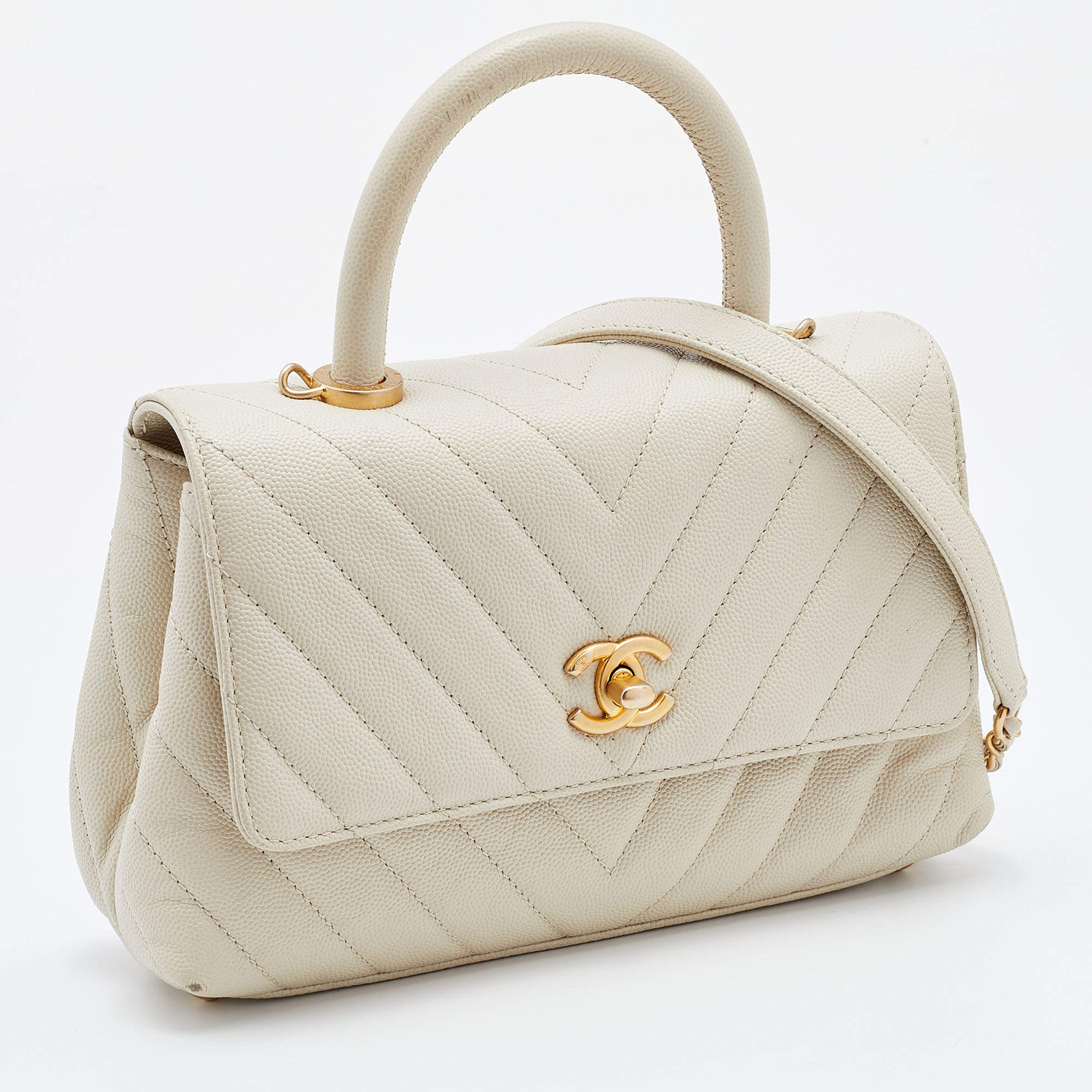 Chanel White Chevron Quilted Caviar Leather Mmall Coco Handle Bag Chanel