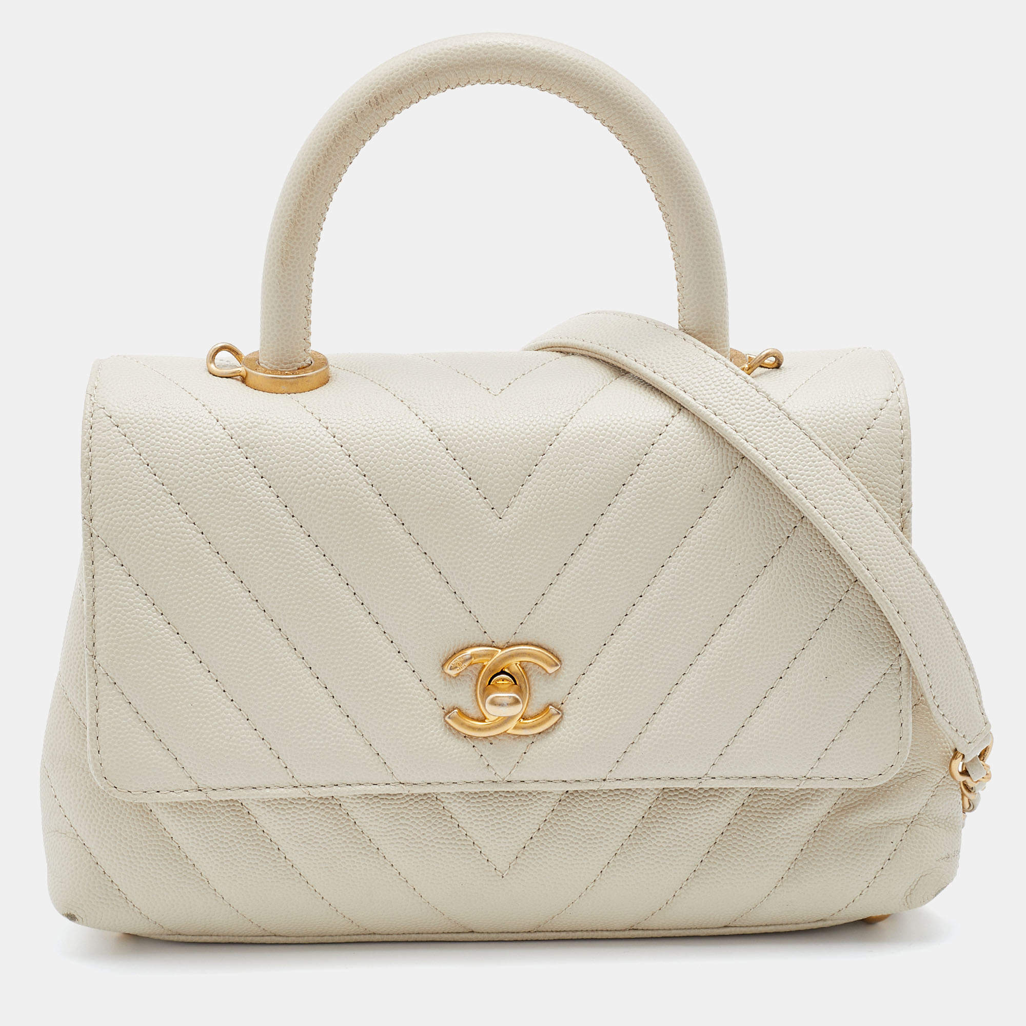 Pre Owned Chanel White Chevron Quilted Caviar Leather Mmall Coco Handle Bag