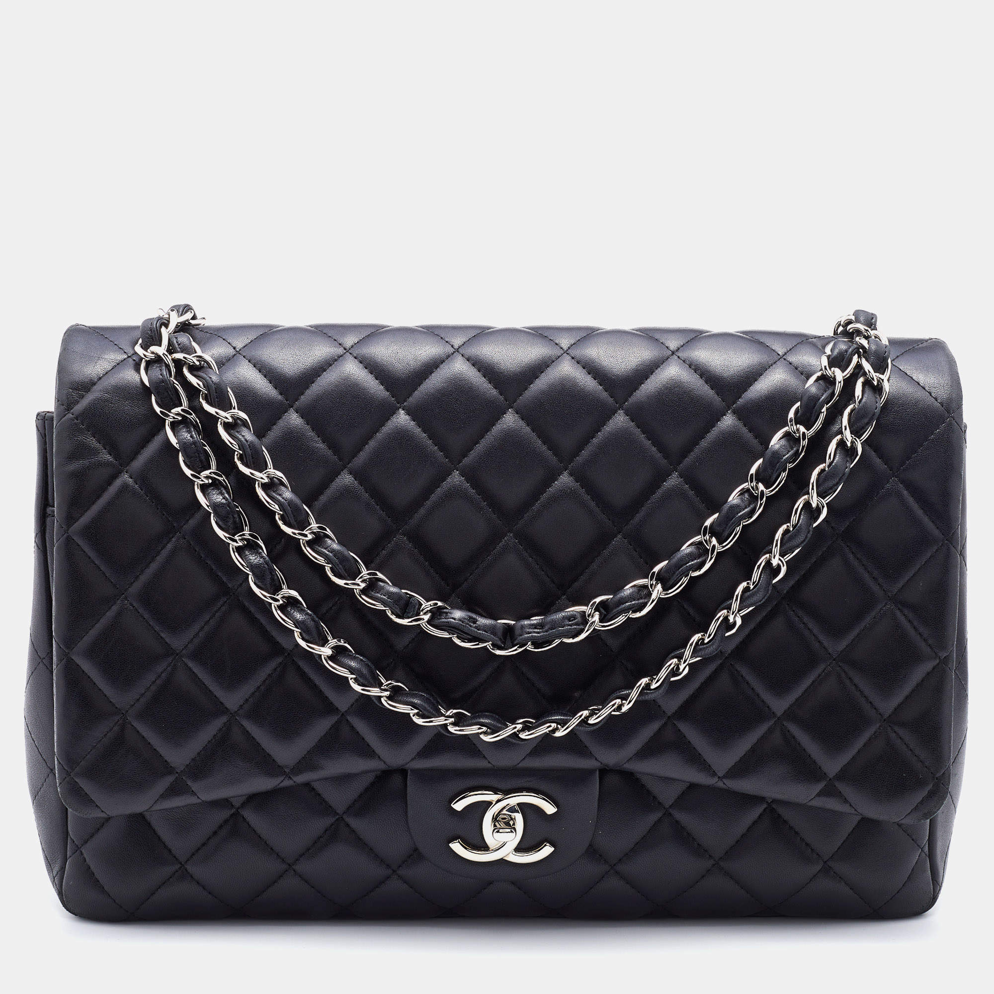 Pre Owned Chanel Black Quilted Leather Maxi Classic Double Flap Bag