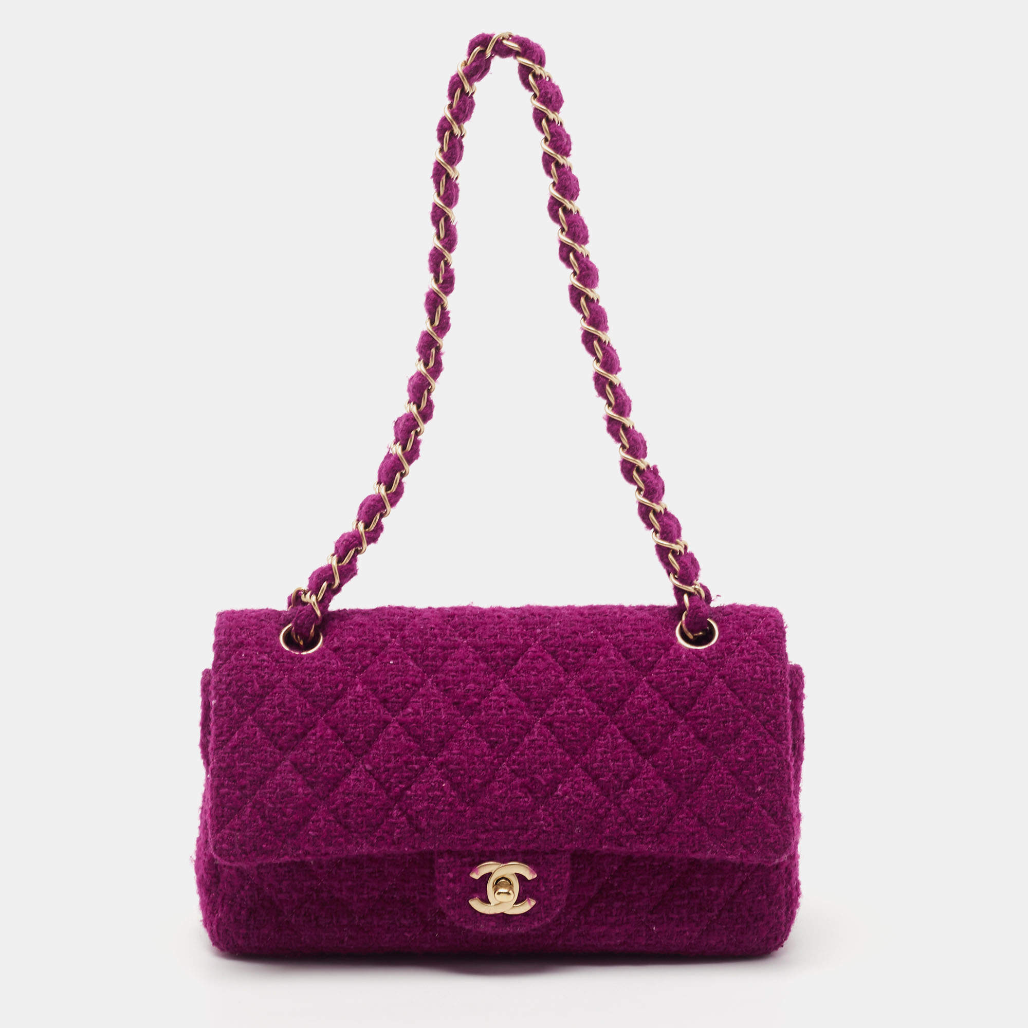 Pre Owned Chanel Magenta Quilted Tweed Medium Classic Double Flap Bag