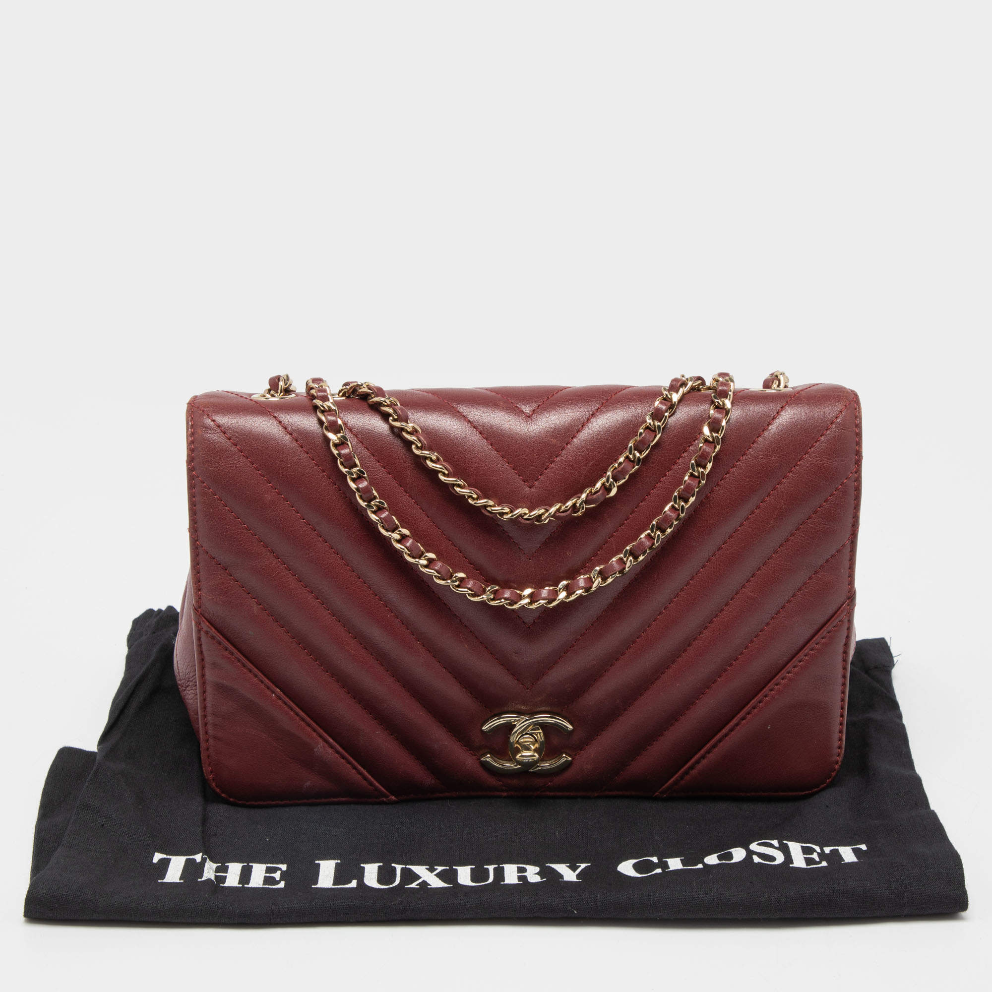 CHANEL Chevron Caviar Leather Top Handle Flap Bag Burgundy