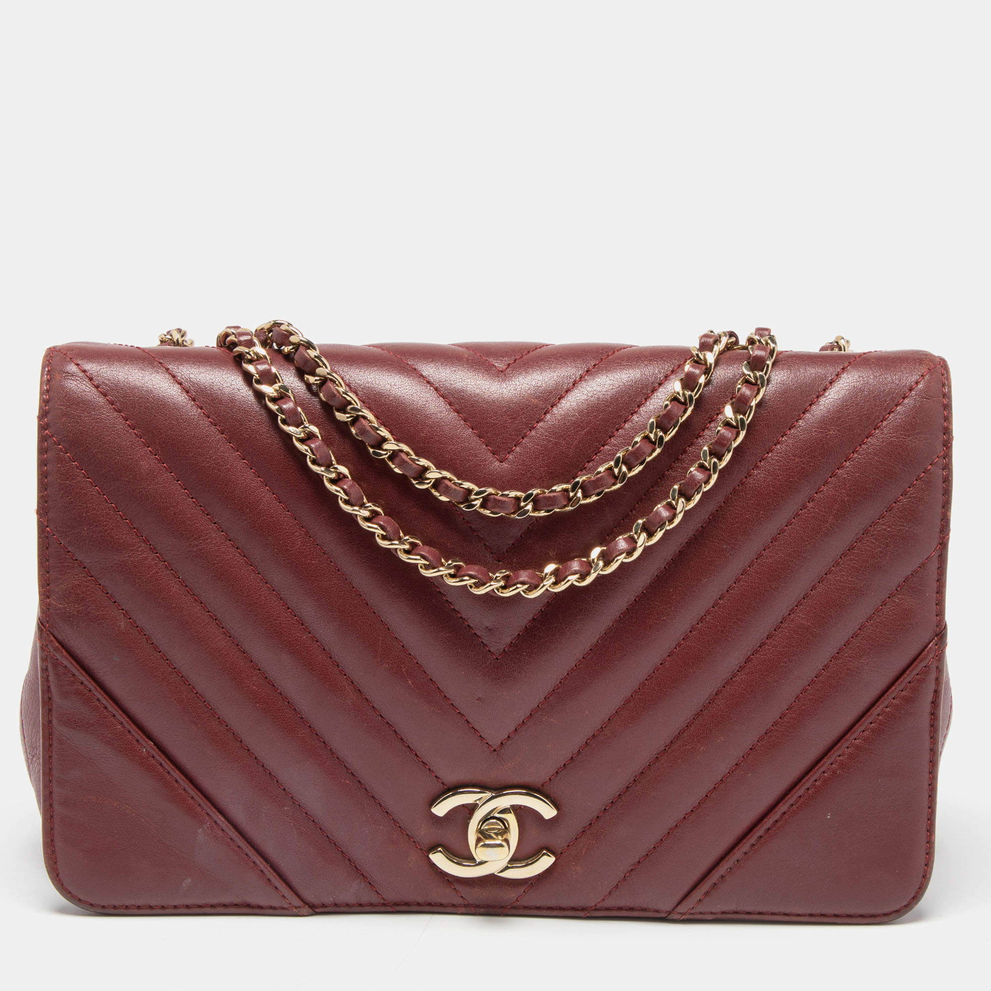 Pre Owned Chanel Burgundy Chevron Leather Medium Statement Flap Bag