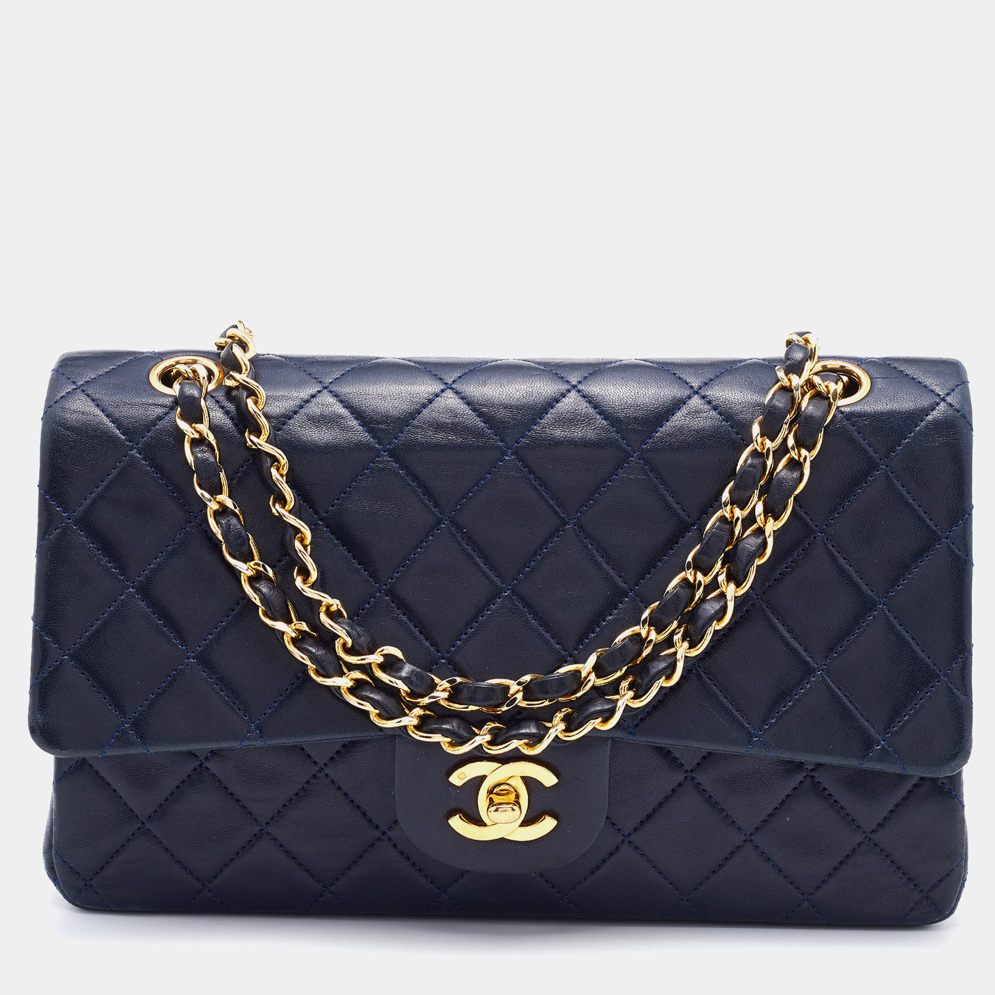 Pre Owned Chanel Navy Blue Quilted Leather Medium Classic Double Flap Bag