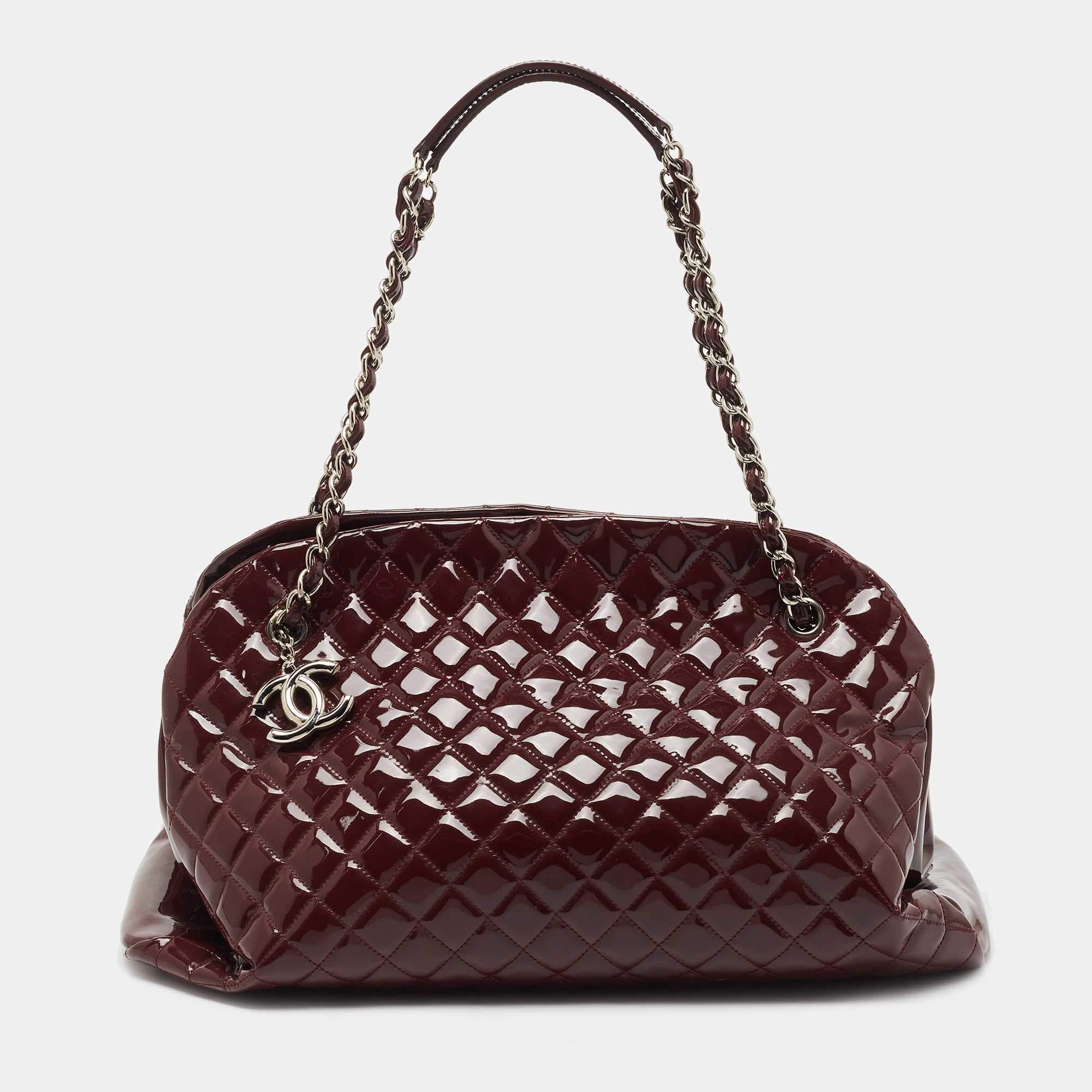 Pre Owned Chanel Burgundy Quilted Patent Leather Large Just Mademoiselle Bowler Bag