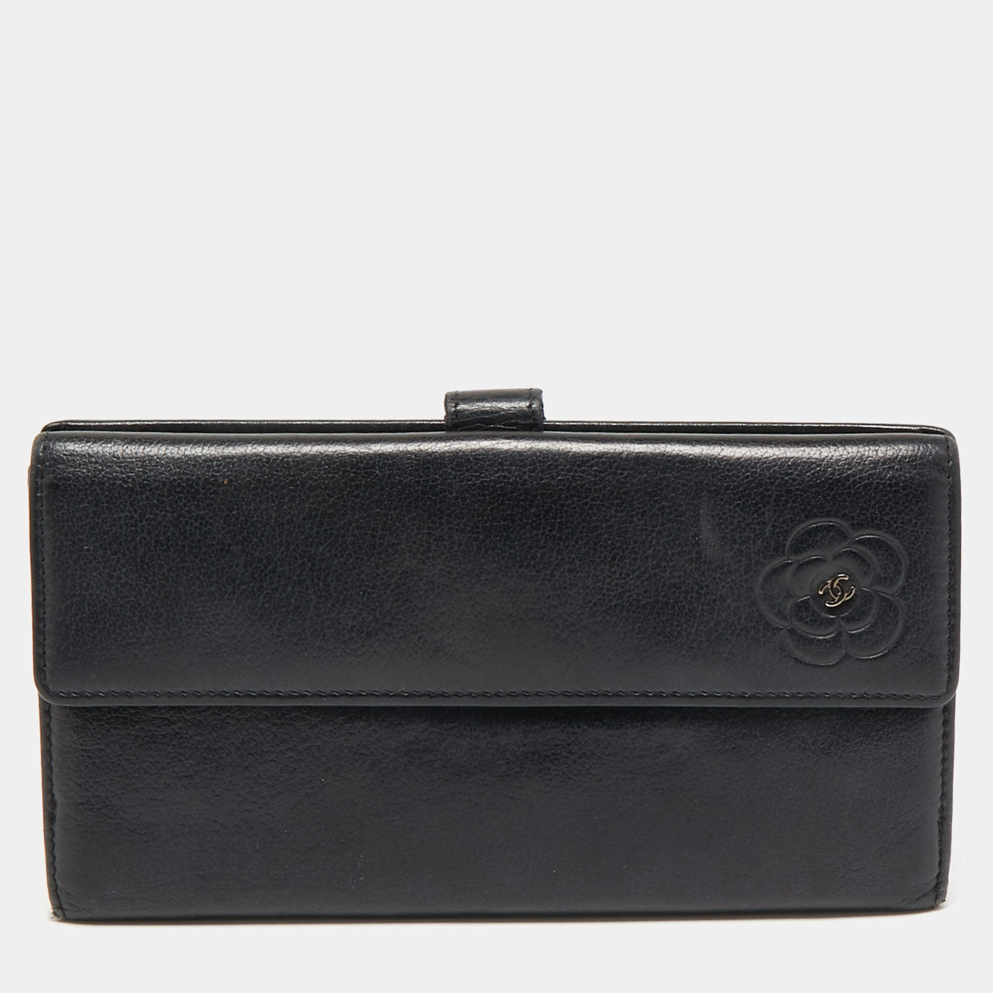 Chanel Black Camellia Embossed Leather Flap Wallet