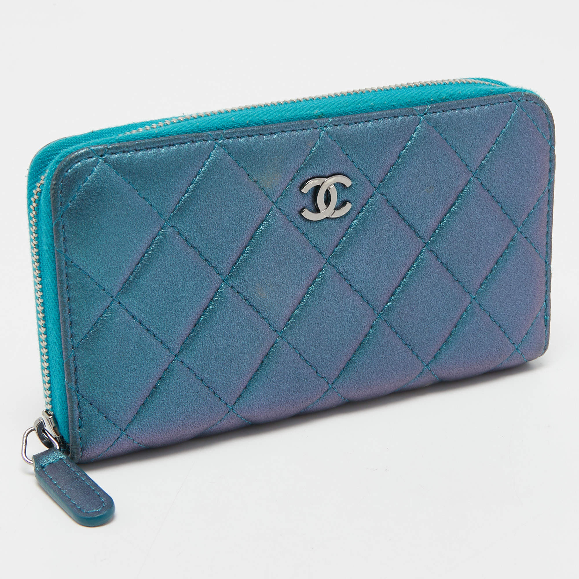 $1200 Chanel Classic Turquoise Blue Patent Quilted Leather Zippy  Continental Wallet SHW - Lust4Labels