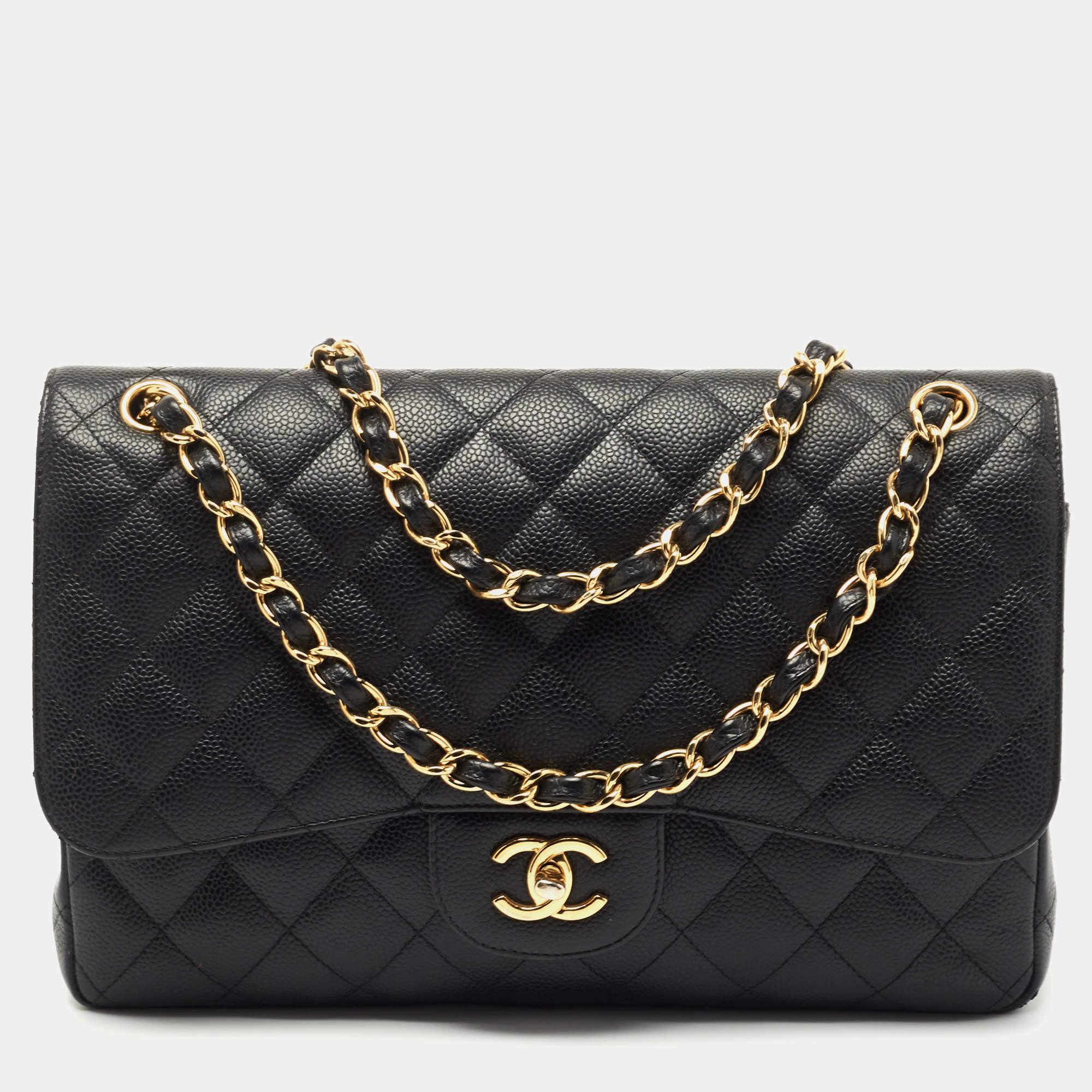Pre Owned Chanel Black Quilted Caviar Leather Jumbo Classic Double Flap Bag