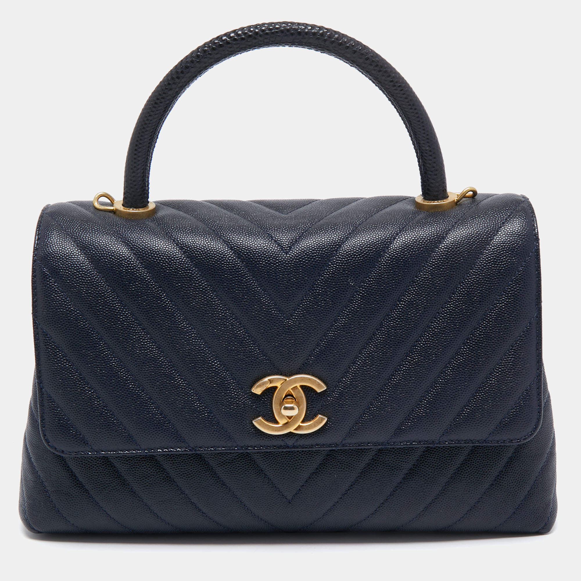 Pre Owned Chanel Blue Quilted Caviar Leather and Lizard Medium Coco Flap Top Handle Bag