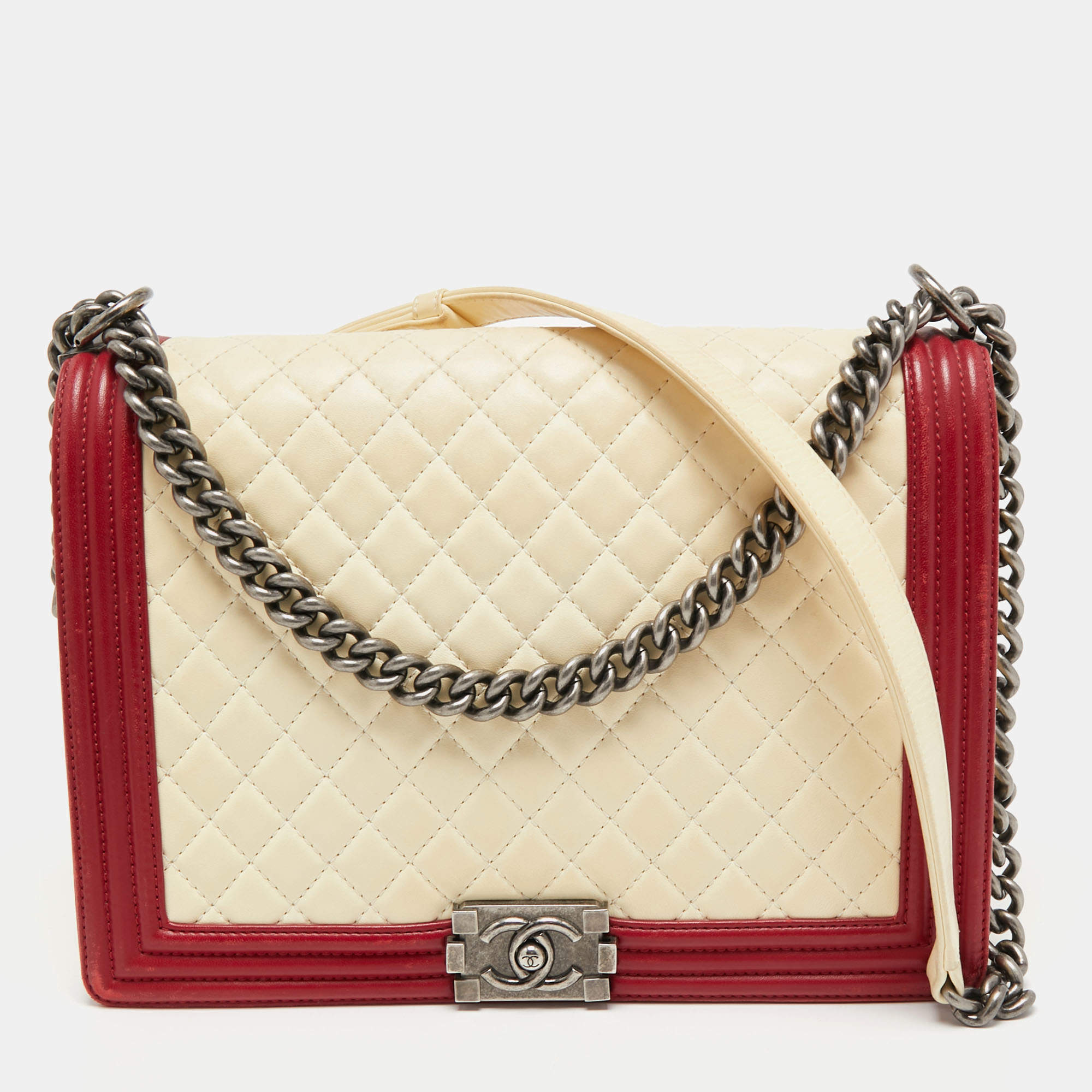 Pre Owned Chanel Cream/Red Quilted Leather Large Boy Flap Bag