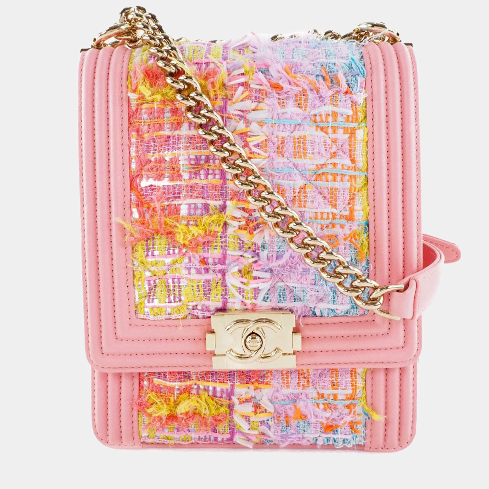 Pre Owned Chanel Pink Tweed Leather North South Boy Shoulder Bag
