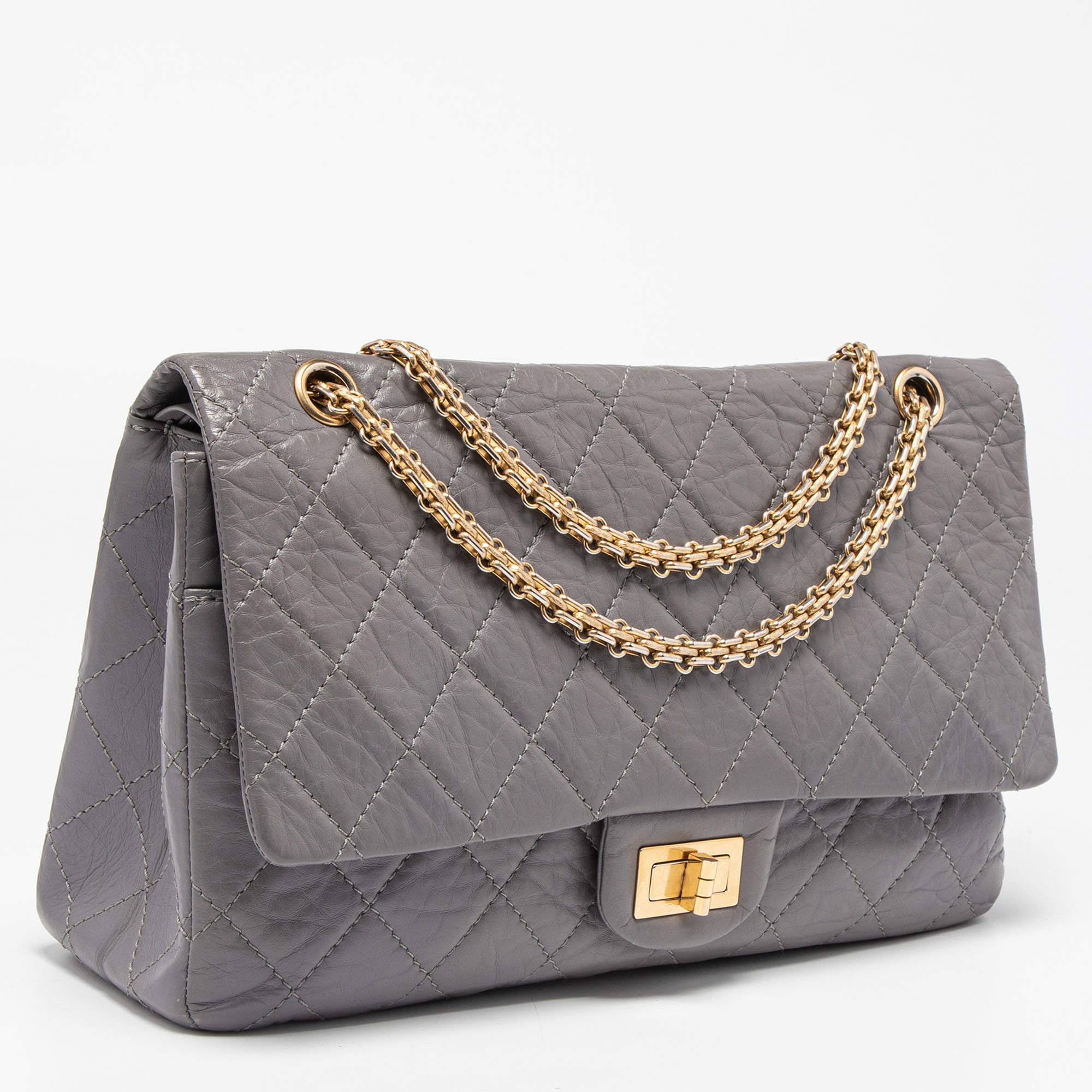 Chanel Grey Quilted Crinkled Leather Limited Edition 50th Anniversary Reissue  2.55 Classic 227 Double Flap Bag Chanel