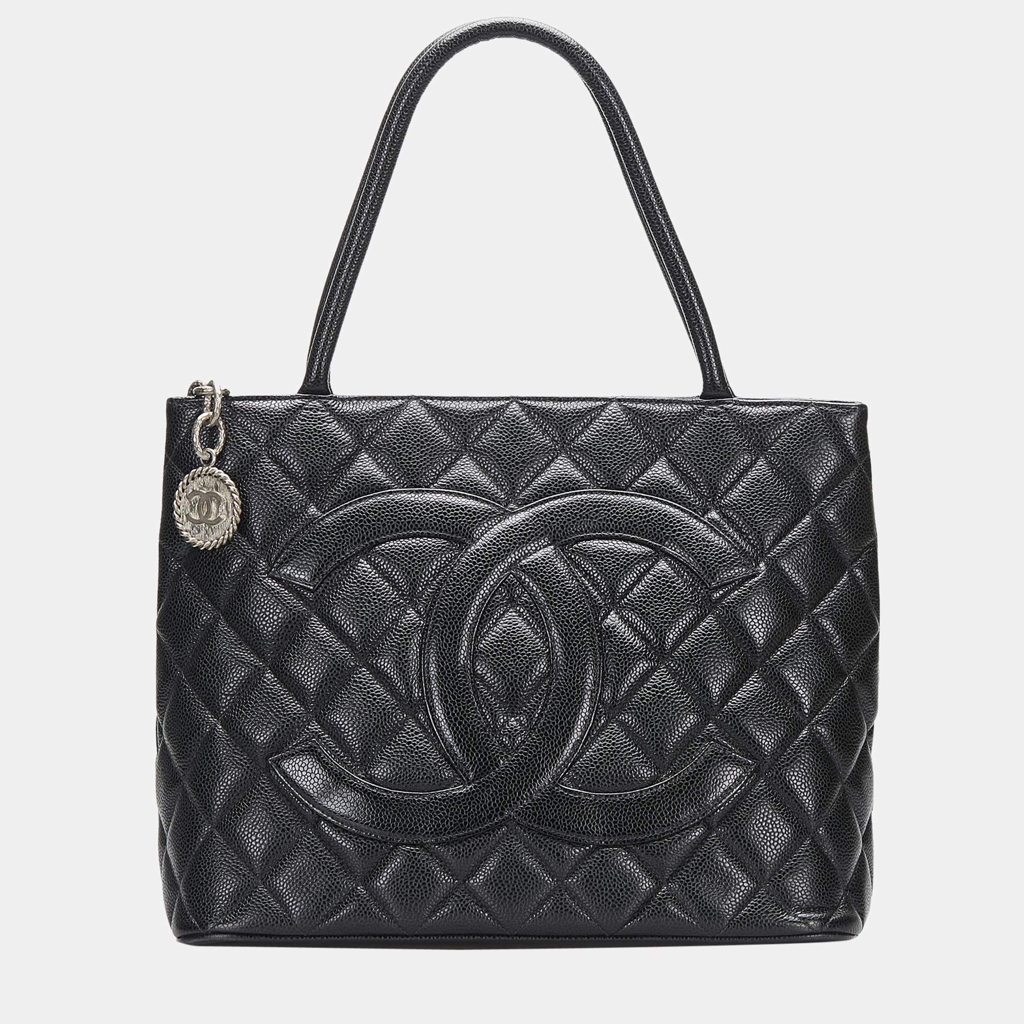 Pre Owned Chanel Black Caviar Medallion Tote Bag