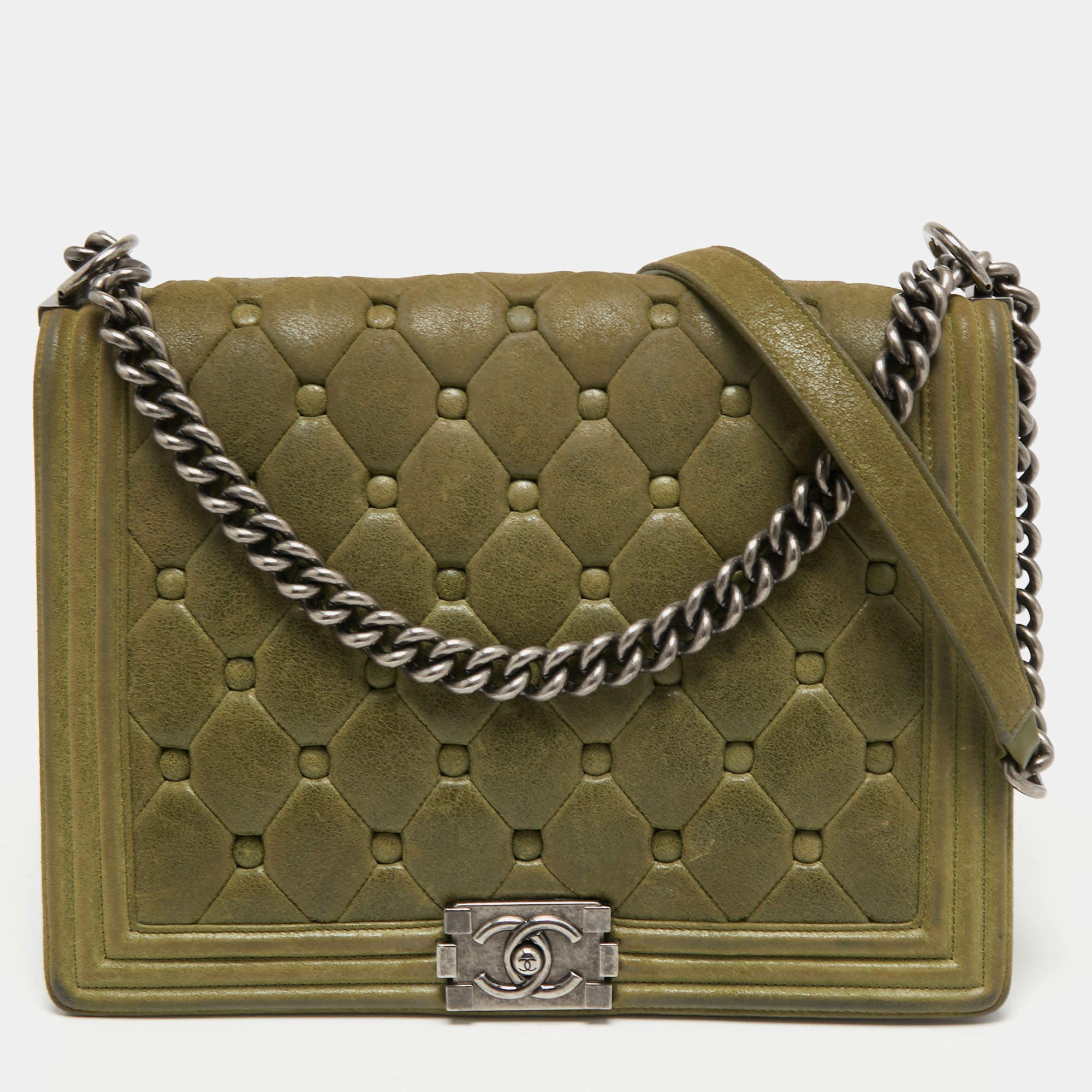 Chanel Olive Green Quilted Suede Large Boy Bag