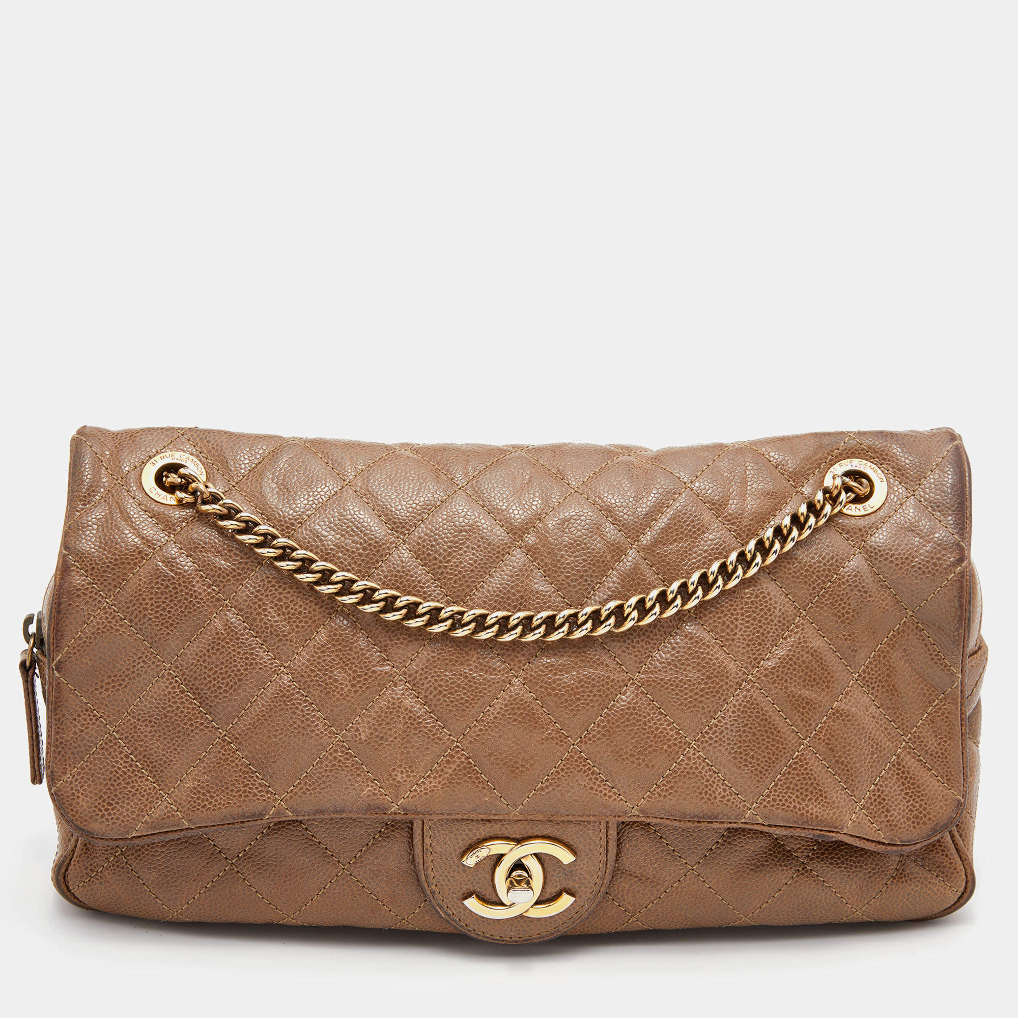 Chanel Brown Quilted Crumpled Caviar Leather Large Shiva Flap Bag Chanel