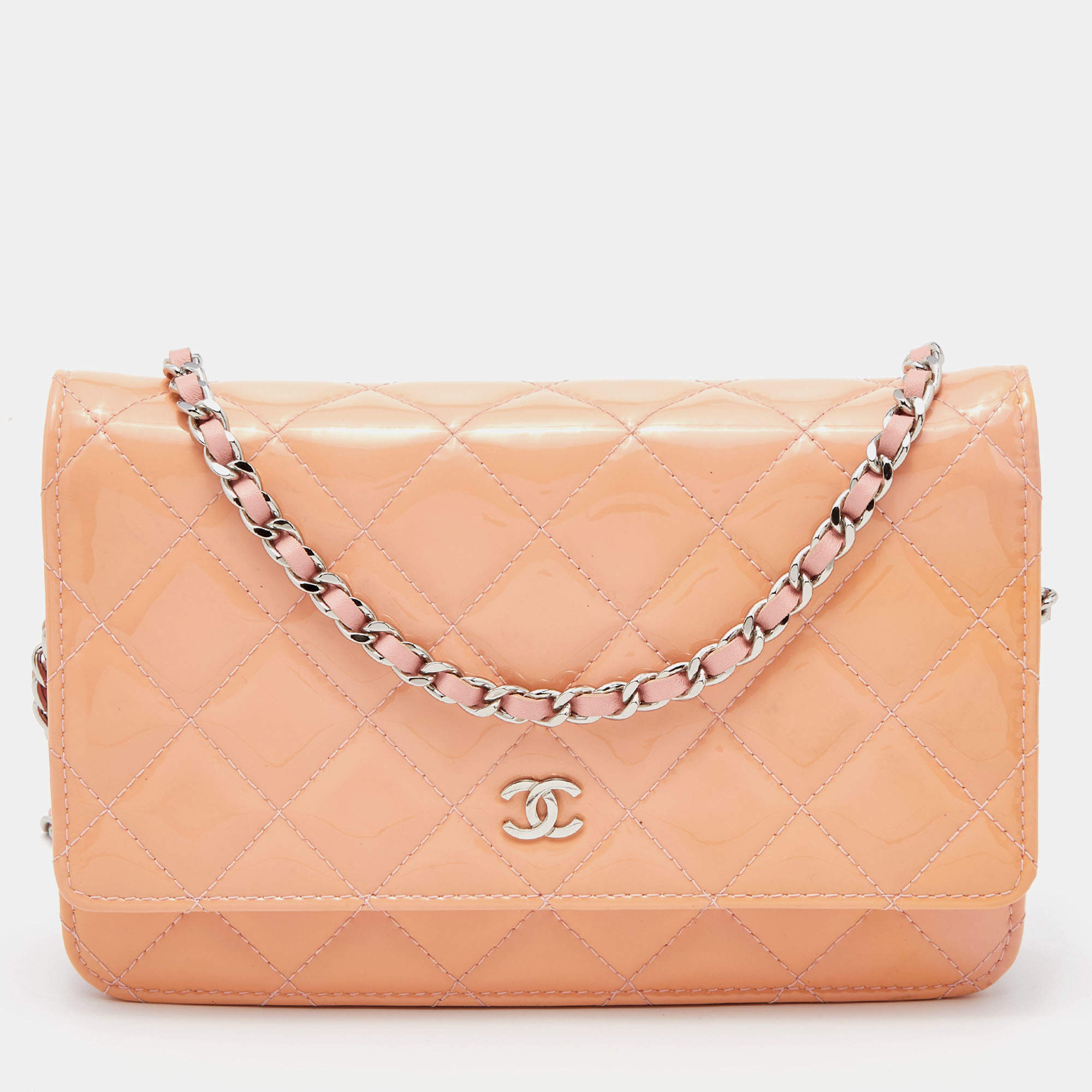Chanel Peach Quilted Patent Leather CC Wallet on Chain