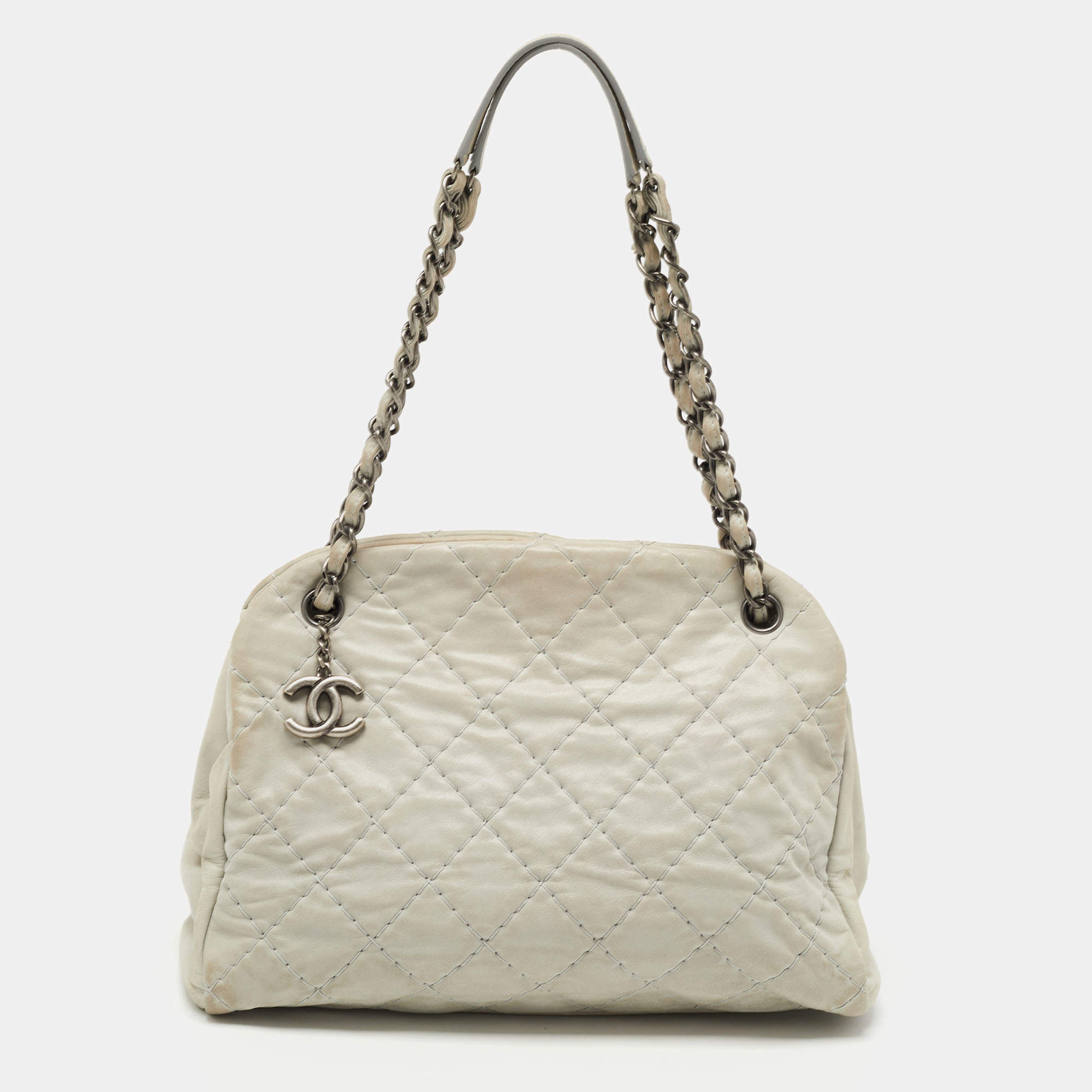 Pre Owned Chanel Light Blue Quilted Shimmer Leather Large Just Mademoiselle Bag