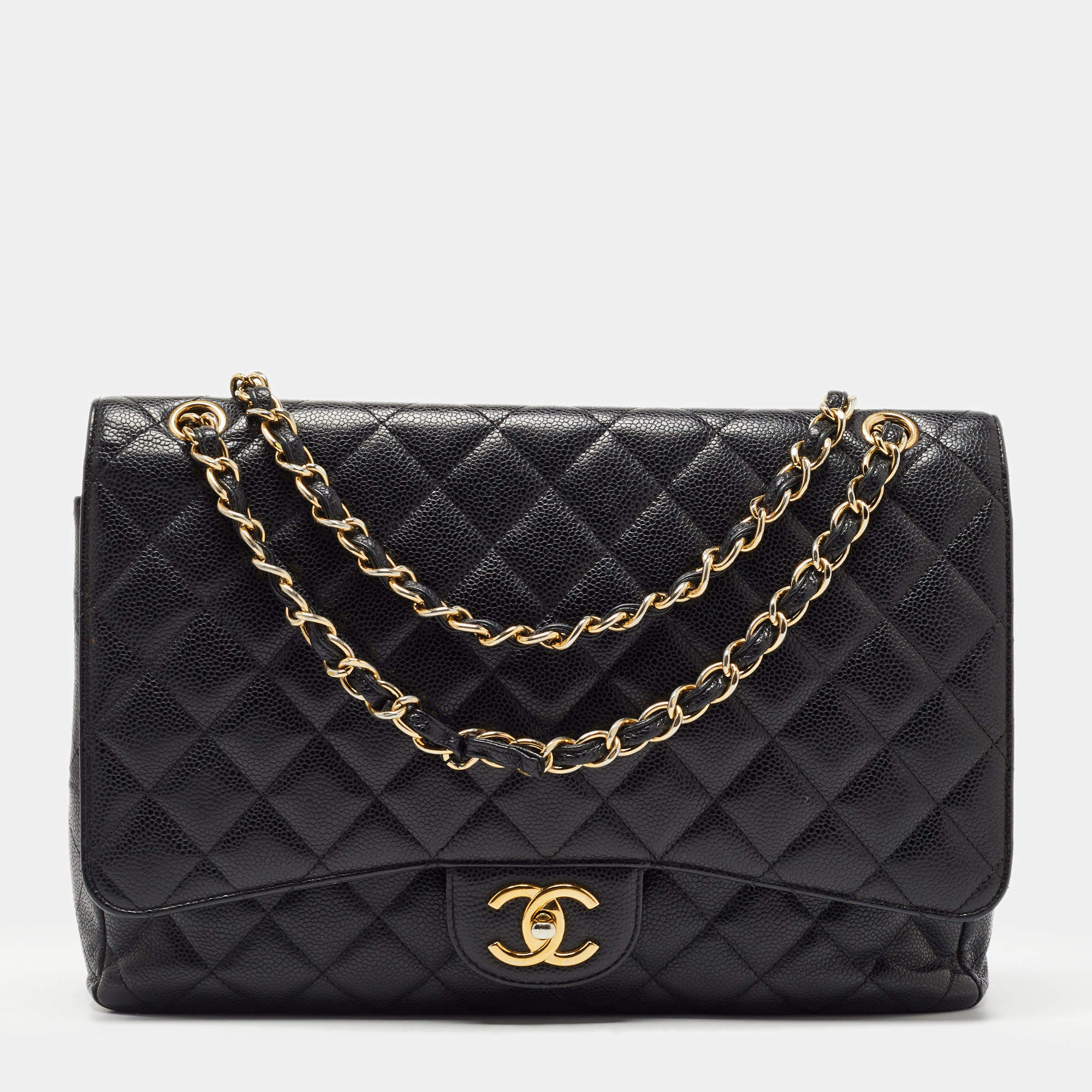 Pre Owned Chanel Black Quilted Caviar Leather Maxi Classic Double Flap Bag