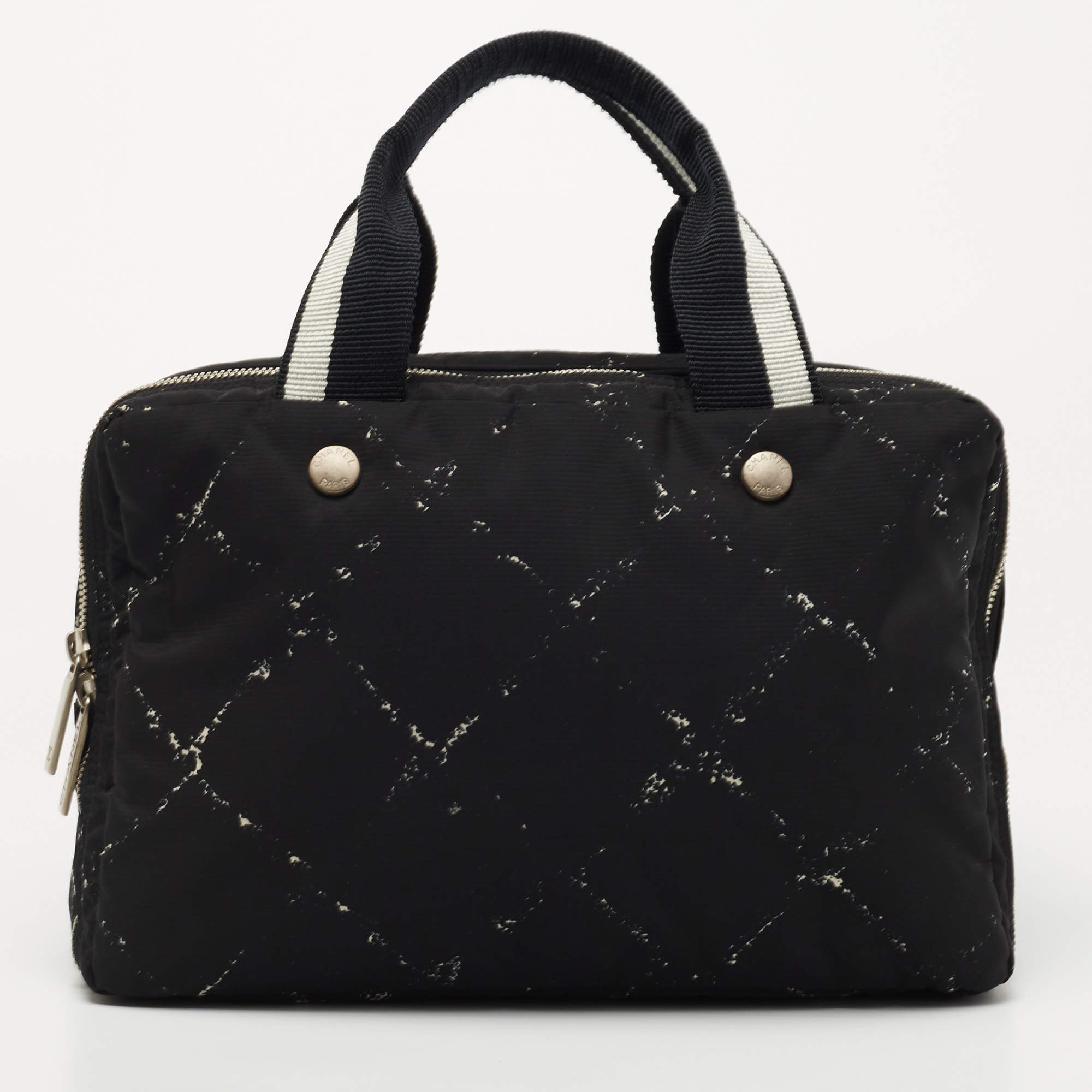 Pre Owned Chanel Black/White Quilted Nylon Travel Line Multiple Zip Bowler Bag