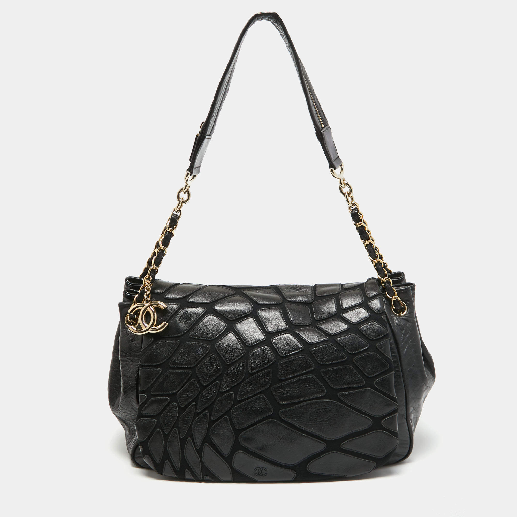 Pre Owned Chanel Black Leather Patchwork Accordion Shoulder Bag