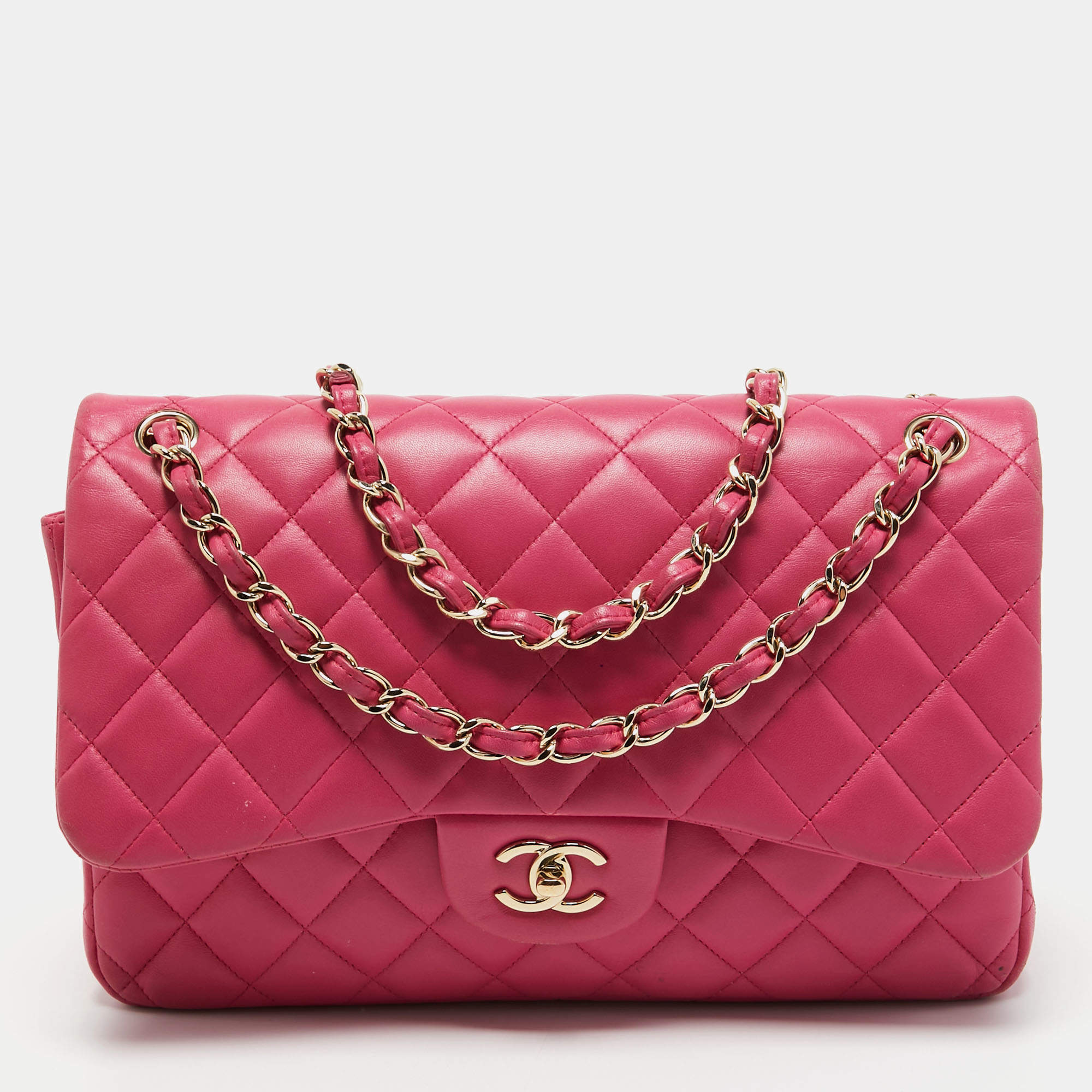 Pre Owned Chanel Pink Quilted Leather Jumbo Classic Double Flap Bag