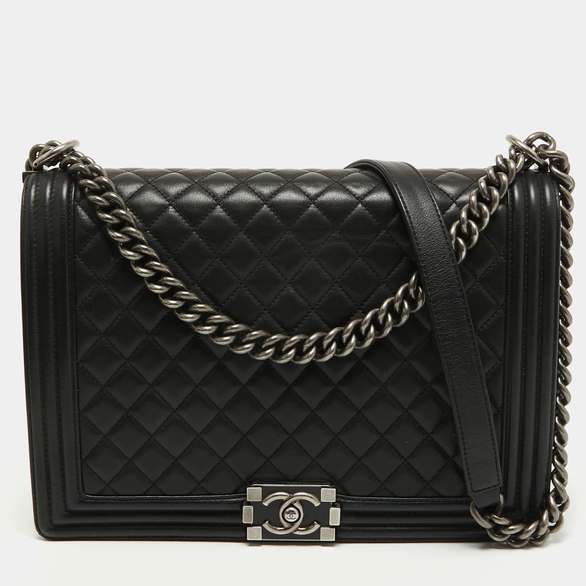 Chanel Black Pleated Leather Oversized Classic Flap Bag Chanel