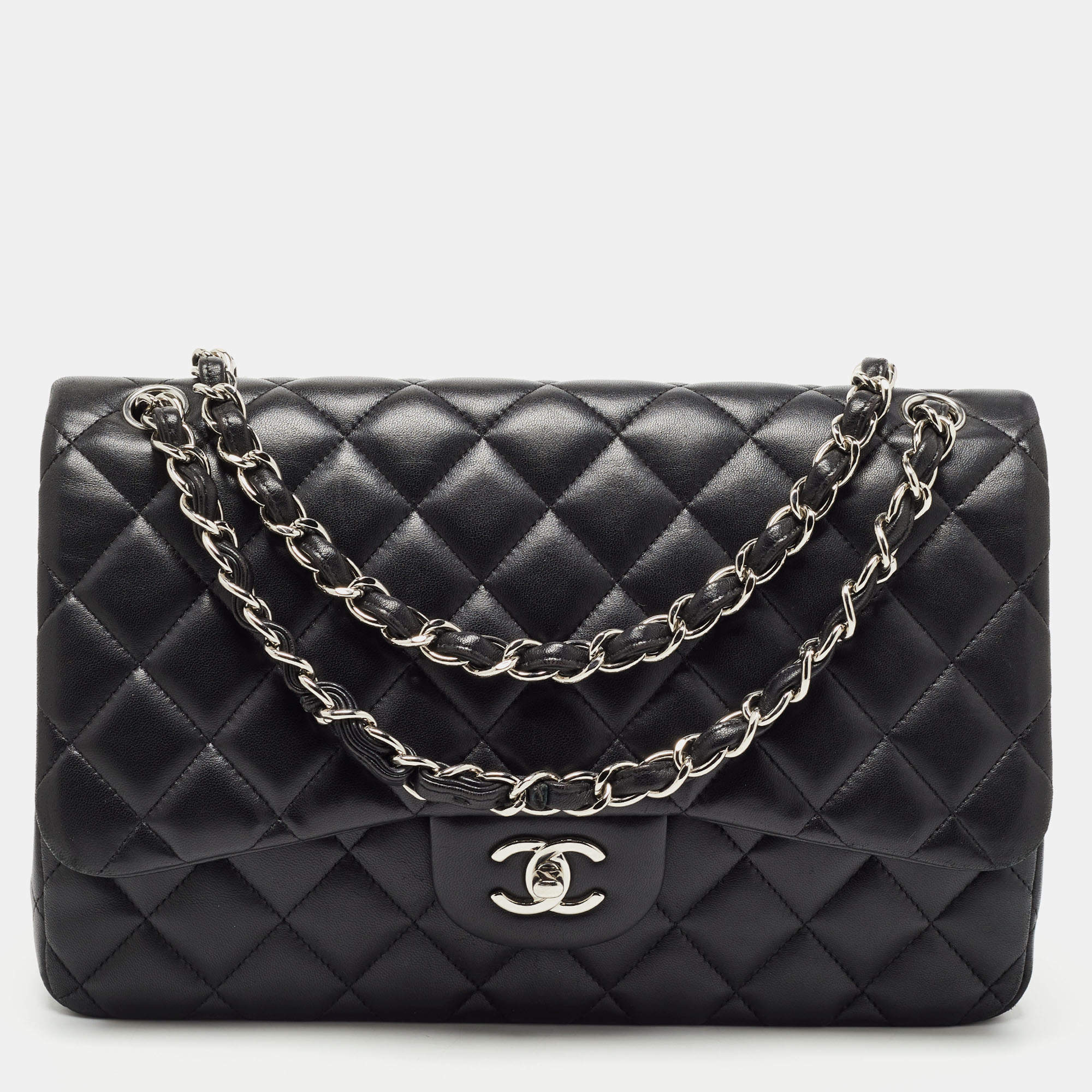 Pre Owned Chanel Black Quilted Lambskin Leather Jumbo Classic Double Flap Bag