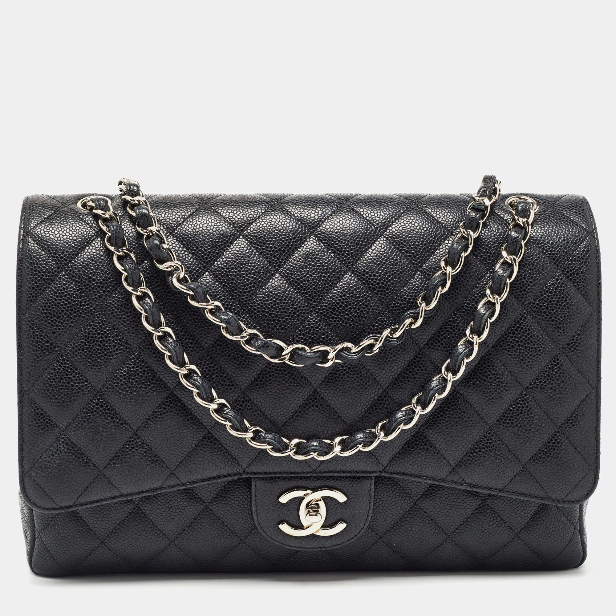 Pre Owned Chanel Black Quilted Caviar Leather Maxi Classic Double Flap Bag
